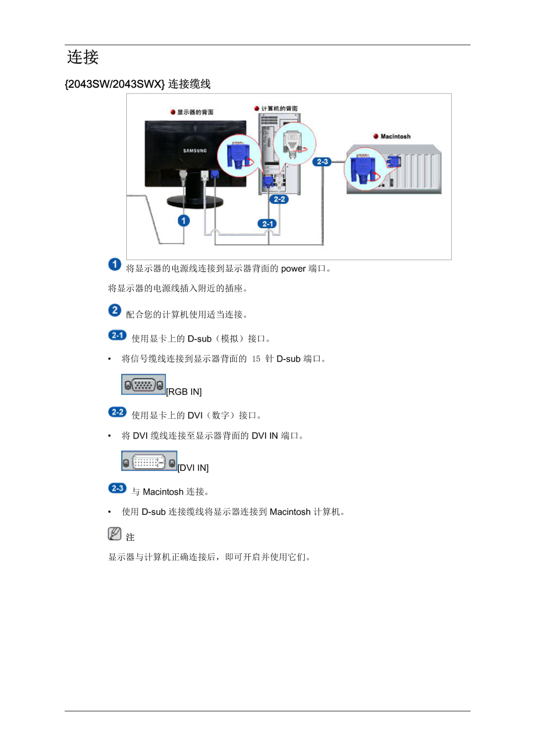 Samsung LS22MYZEBC/EDC, LS22MYZEBCA/EN manual 2043SW/2043SWX 连接缆线 