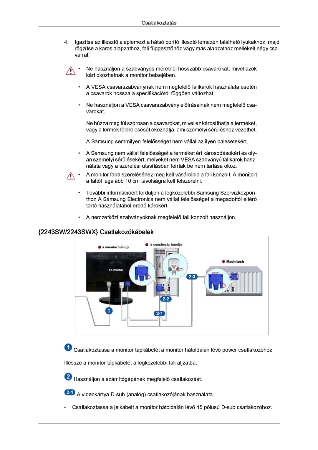 Samsung LS22MYZEBCA/EN, LS22MYZEBC/EDC manual 2243SW/2243SWX Csatlakozókábelek 