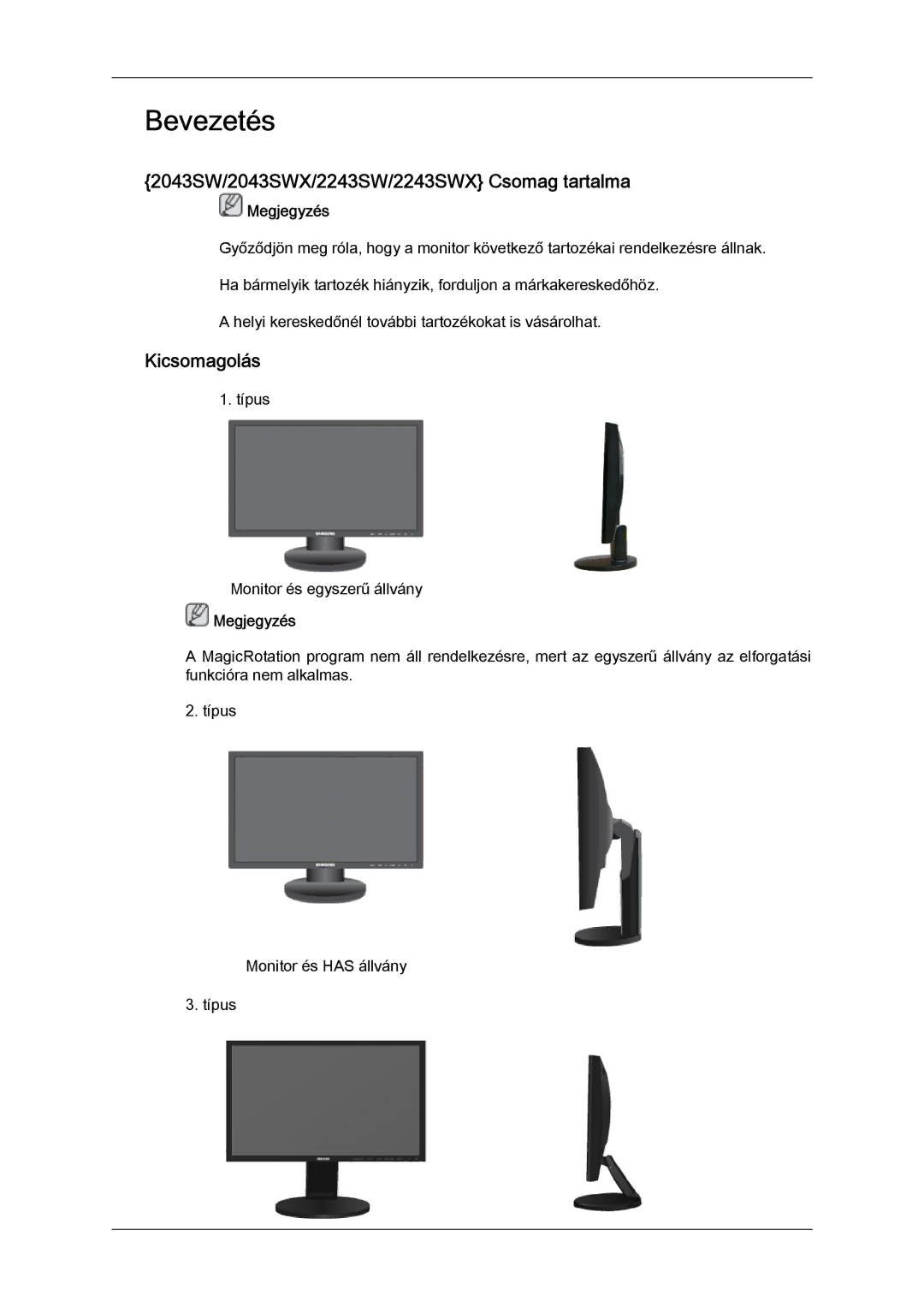 Samsung LS22MYZEBCA/EN, LS22MYZEBC/EDC manual 2043SW/2043SWX/2243SW/2243SWX Csomag tartalma, Kicsomagolás 