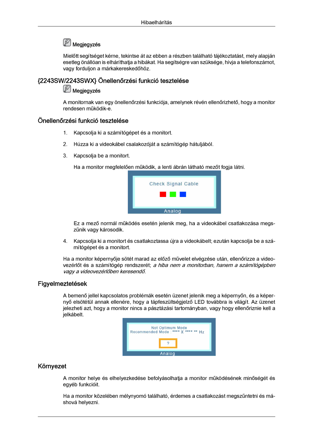 Samsung LS22MYZEBC/EDC, LS22MYZEBCA/EN manual 2243SW/2243SWX Önellenőrzési funkció tesztelése 