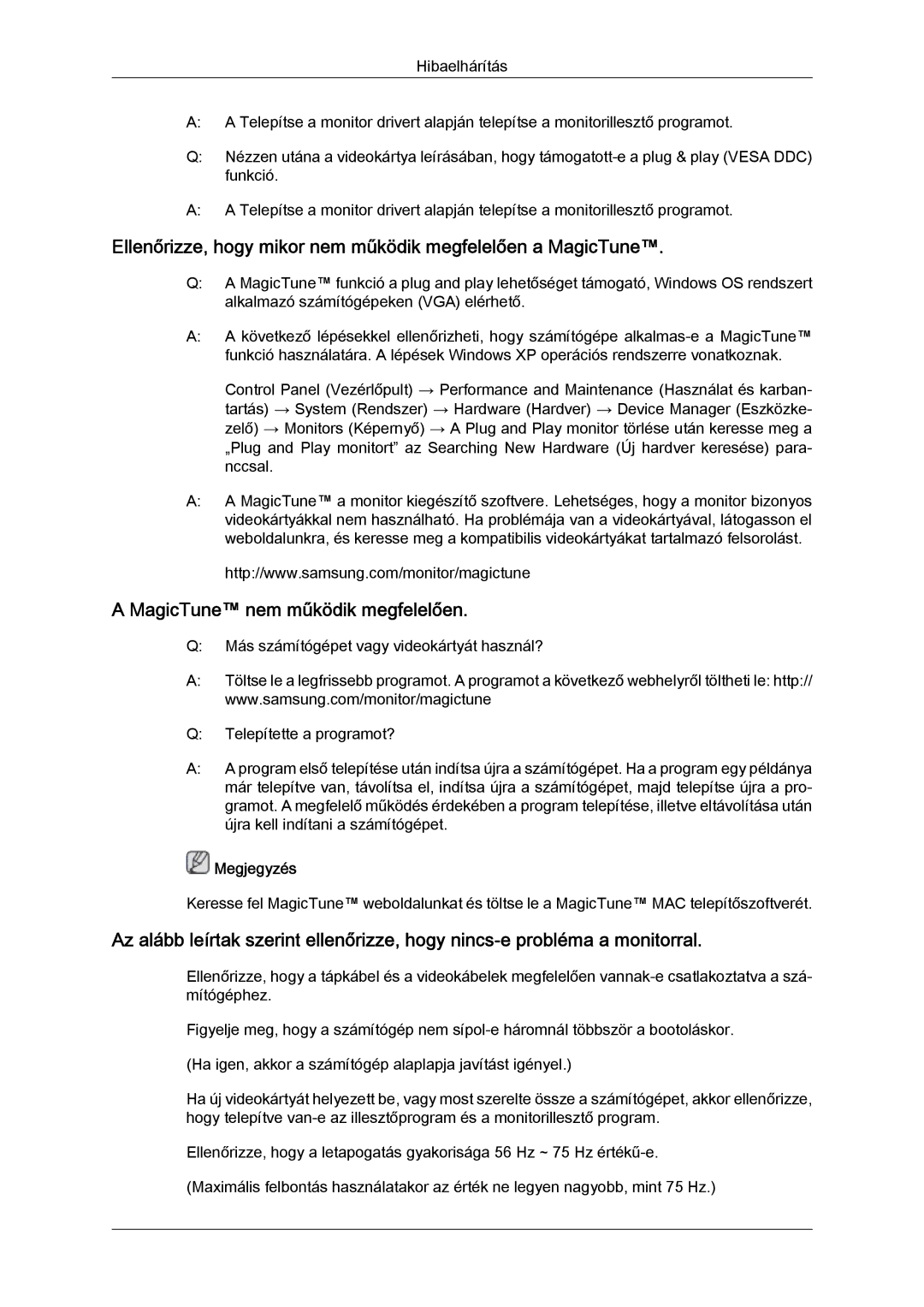 Samsung LS22MYZEBC/EDC, LS22MYZEBCA/EN manual Ellenőrizze, hogy mikor nem működik megfelelően a MagicTune 