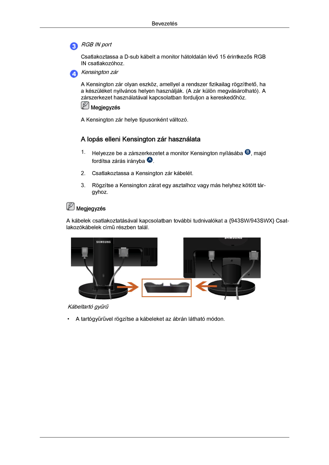 Samsung LS22MYZEBCA/EN, LS22MYZEBC/EDC manual Lopás elleni Kensington zár használata, RGB in port 