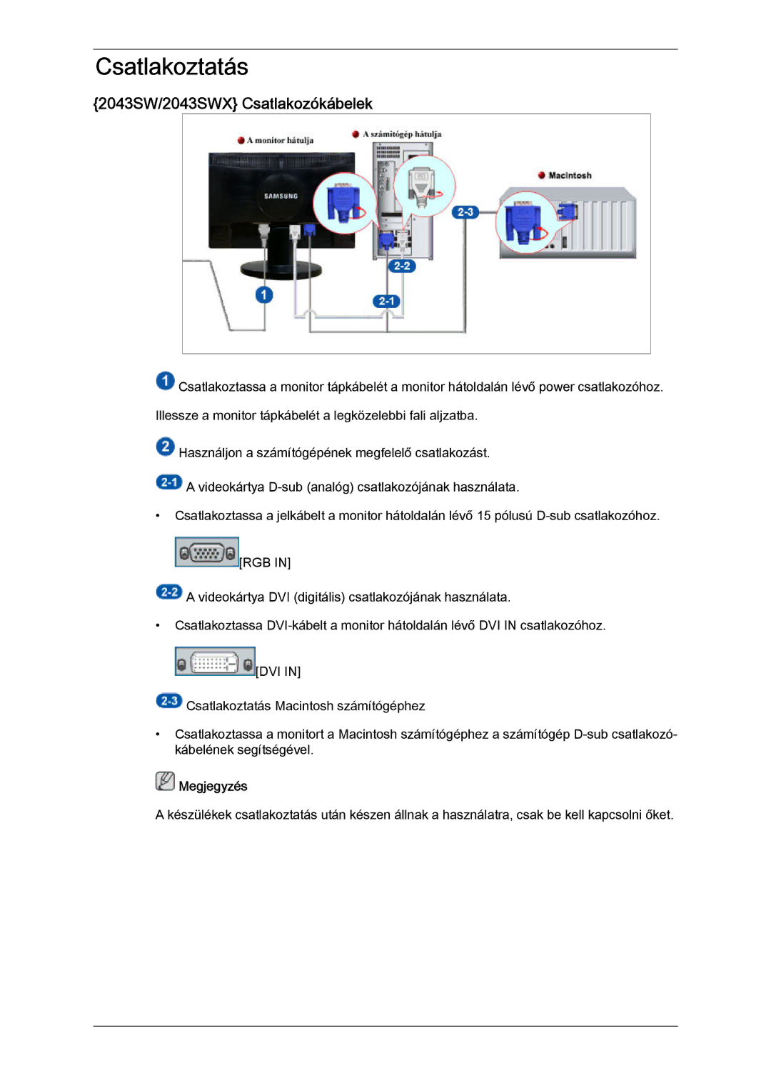 Samsung LS22MYZEBC/EDC, LS22MYZEBCA/EN manual Csatlakoztatás, 2043SW/2043SWX Csatlakozókábelek 