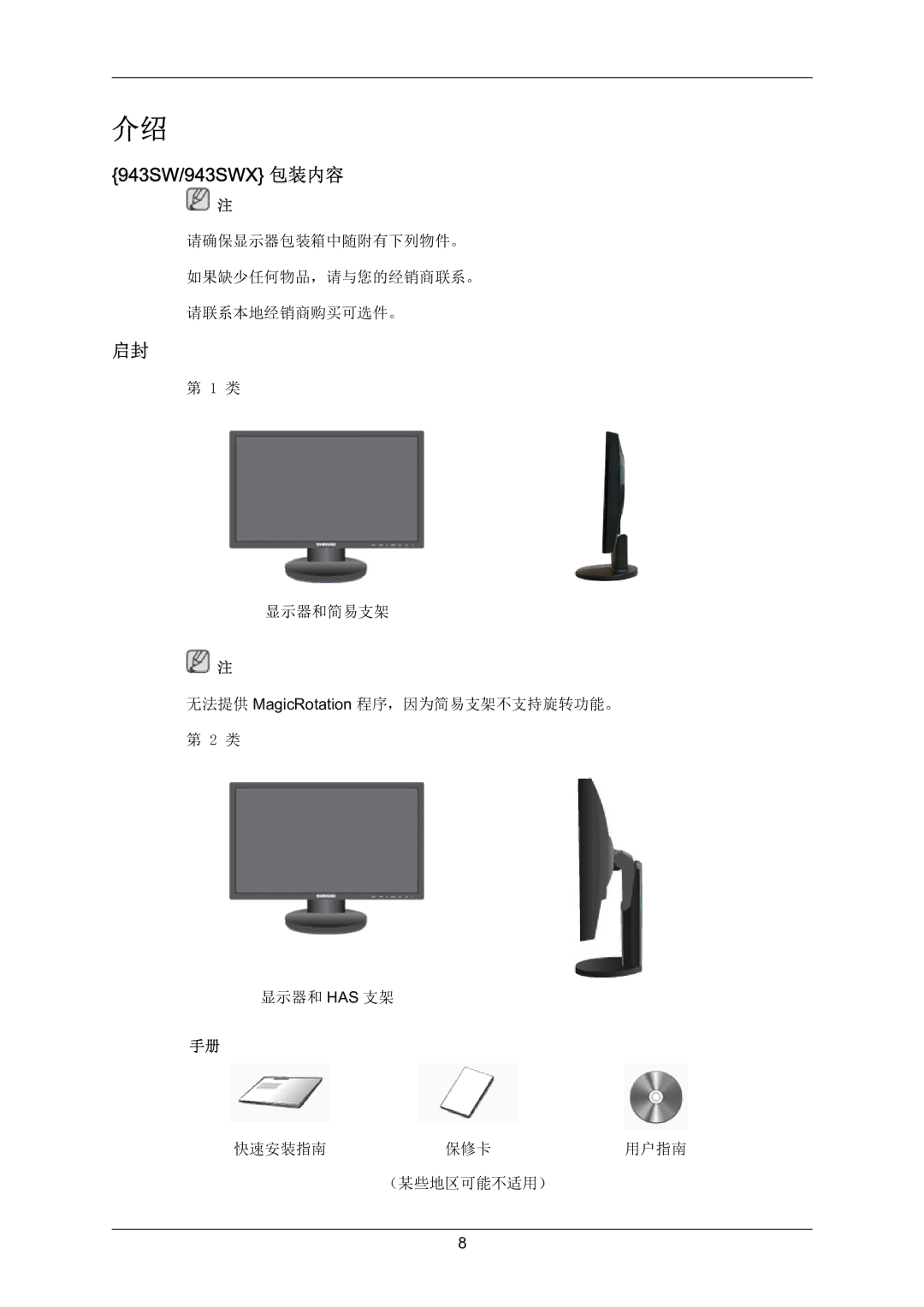 Samsung LS22MYZEBC/EDC, LS22MYZEBCA/EN manual 943SW/943SWX 包装内容 