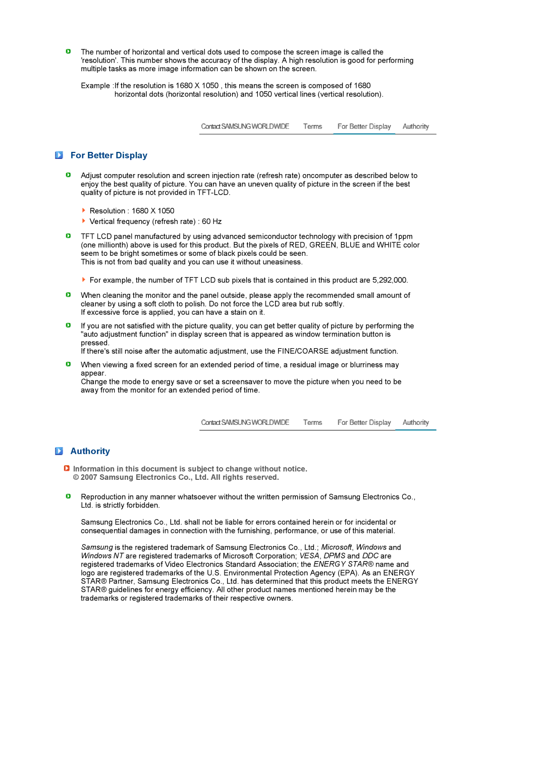 Samsung LS22PEJSFV/EDC, LS22PEBSFV/EDC, LS20PEBSFV/EDC, LS22PEBSFV/CLT, LS20PEBSFV/CLT manual For Better Display, Authority 