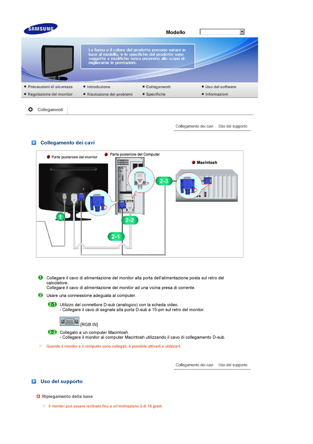 Samsung LS22PEBSFV/CLT, LS22PEBSFV/EDC, LS20PEBSFV/EDC Collegamento dei cavi, Uso del supporto, Ripiegamento della base 