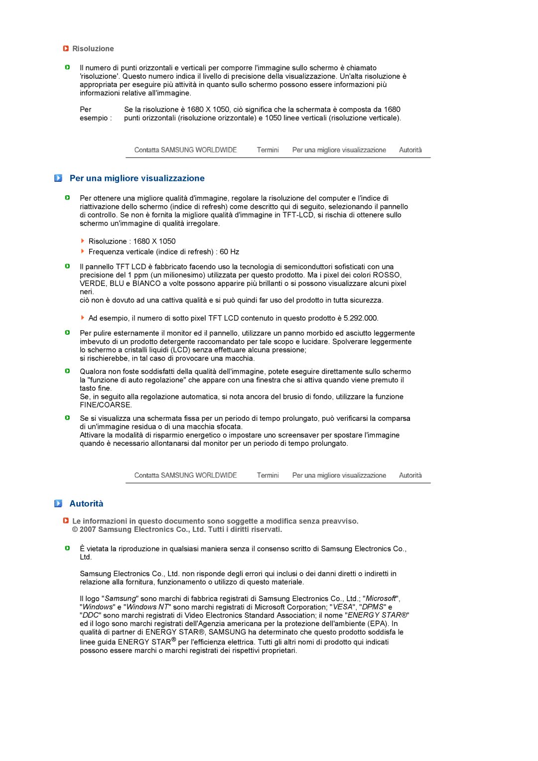 Samsung LS22PEBSFV/EDC, LS20PEBSFV/EDC, LS22PEBSFV/CLT Per una migliore visualizzazione, Autorità, Risoluzione, Fine/Coarse 