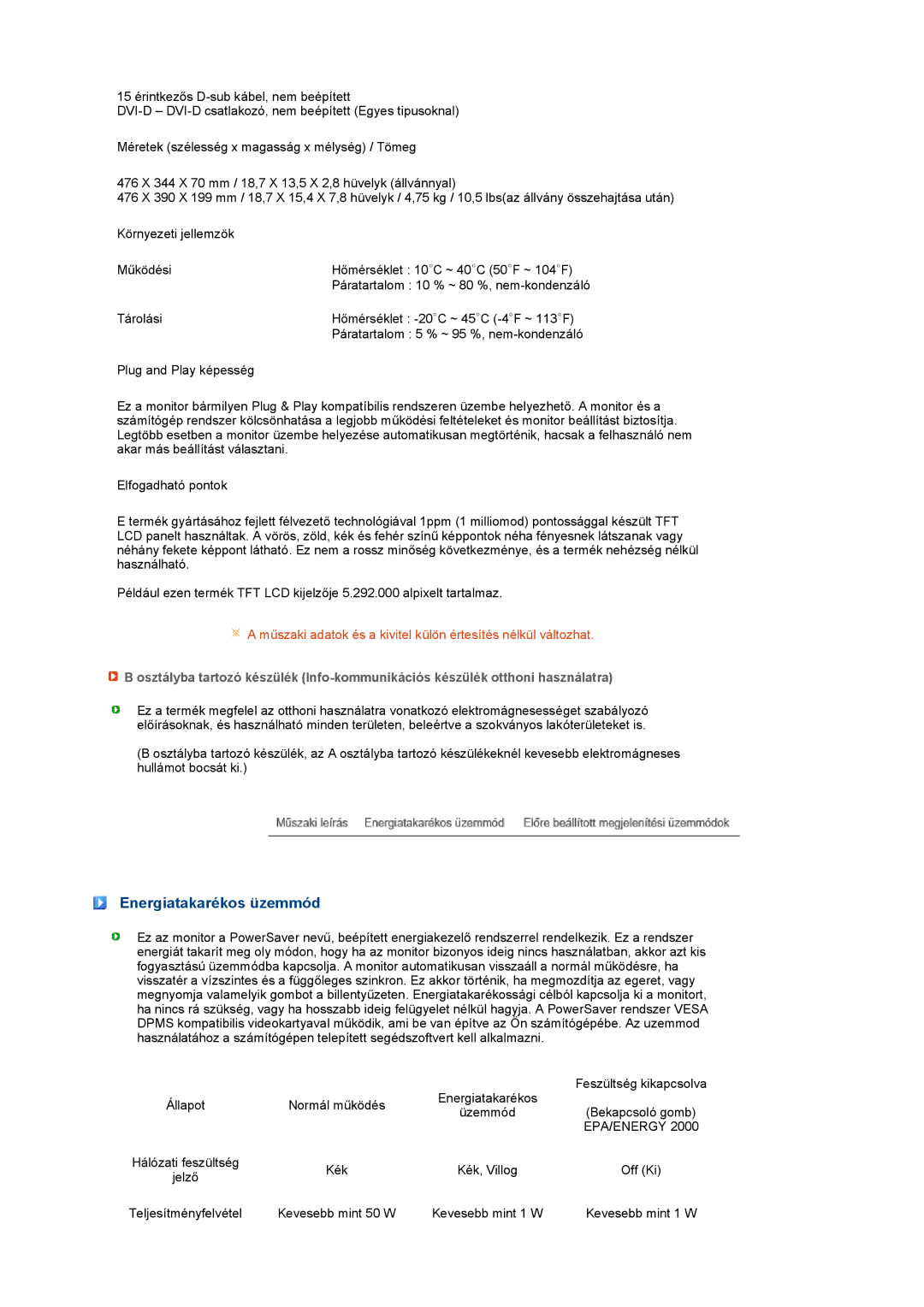 Samsung LS20PEBSFV/EDC, LS22PEBSFV/EDC, LS22PEBSFV/TRU manual Energiatakarékos üzemmód, Epa/Energy 