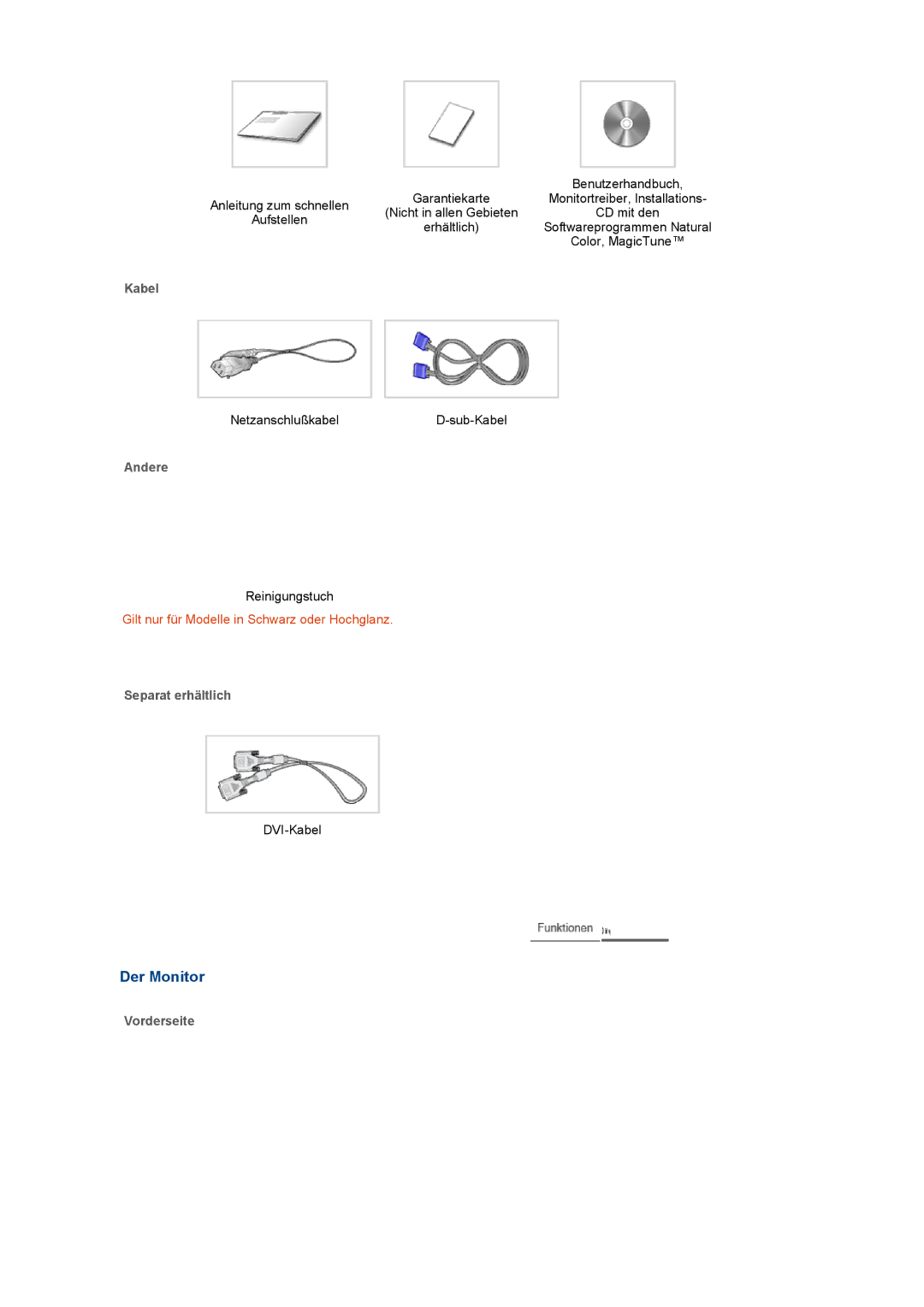 Samsung LS20PEBSFV/EDC, LS22PEBSFV/EDC manual Der Monitor, Kabel, Andere, Separat erhältlich, Vorderseite 