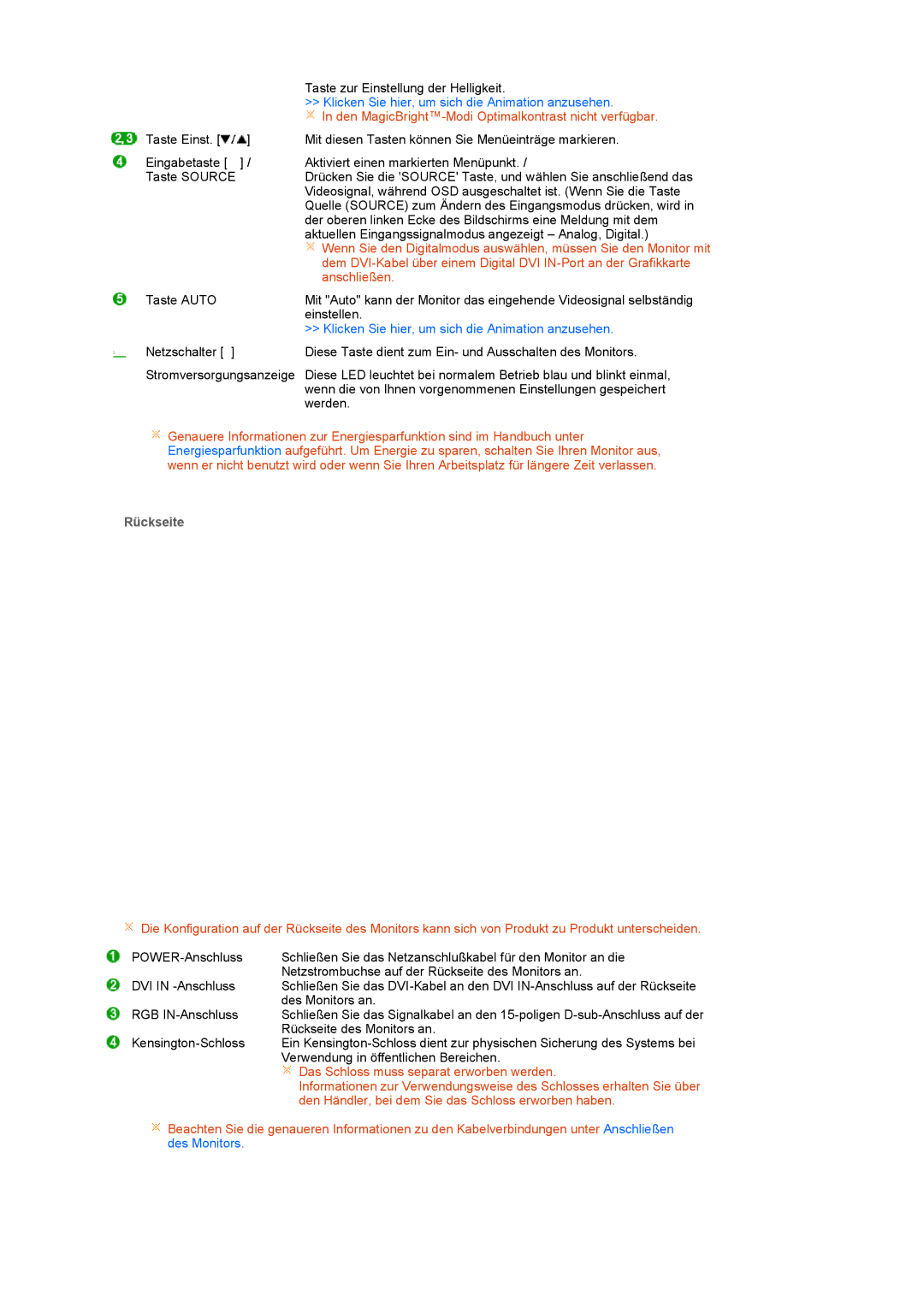 Samsung LS20PEBSFV/EDC, LS22PEBSFV/EDC manual Den MagicBright-Modi Optimalkontrast nicht verfügbar, Rückseite 