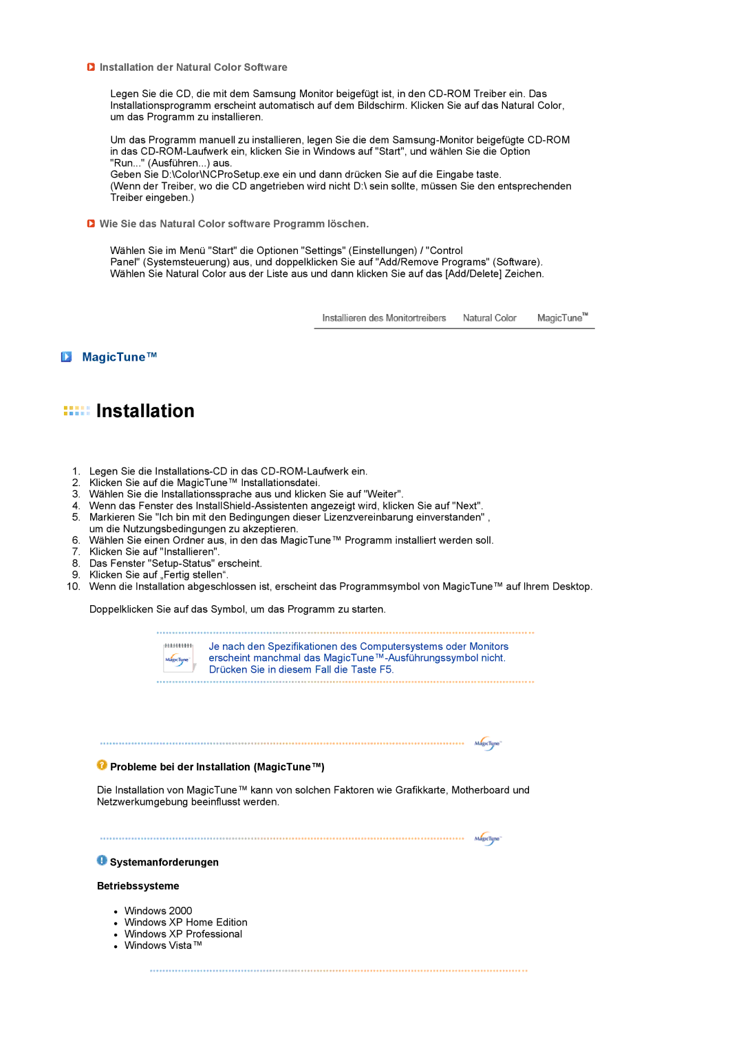 Samsung LS22PEBSFV/EDC, LS20PEBSFV/EDC manual MagicTune, Installation der Natural Color Software 