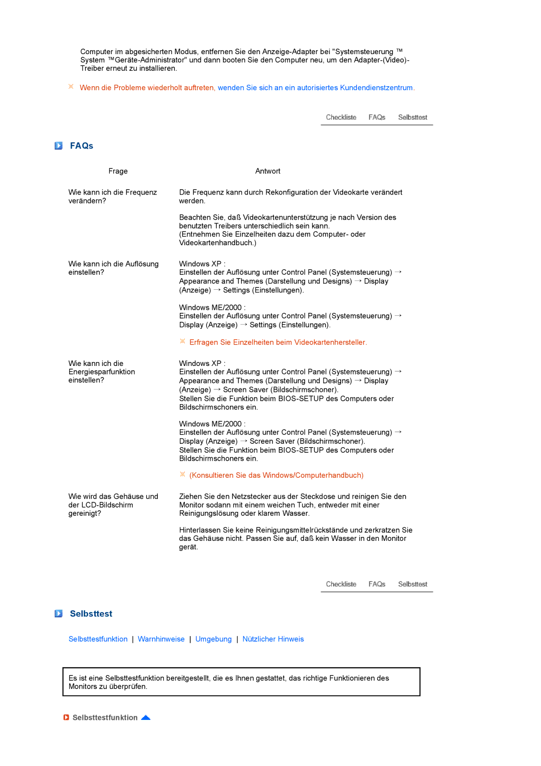 Samsung LS22PEBSFV/EDC, LS20PEBSFV/EDC manual FAQs, Selbsttestfunktion 