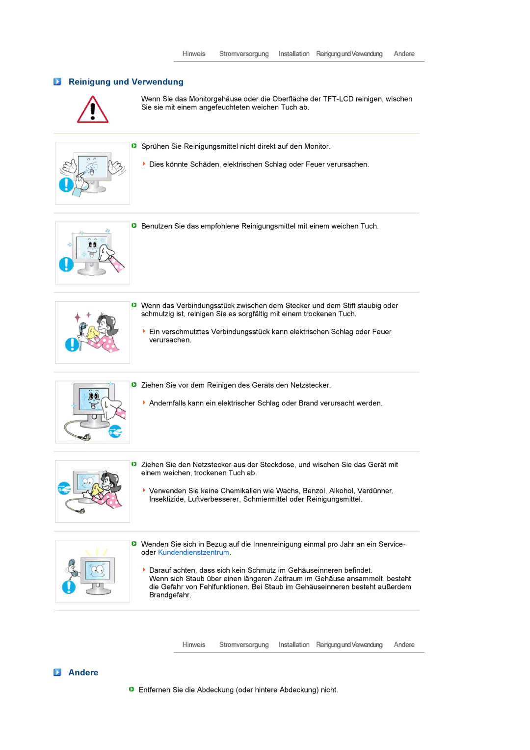 Samsung LS22PEBSFV/EDC, LS20PEBSFV/EDC manual Reinigung und Verwendung, Andere 