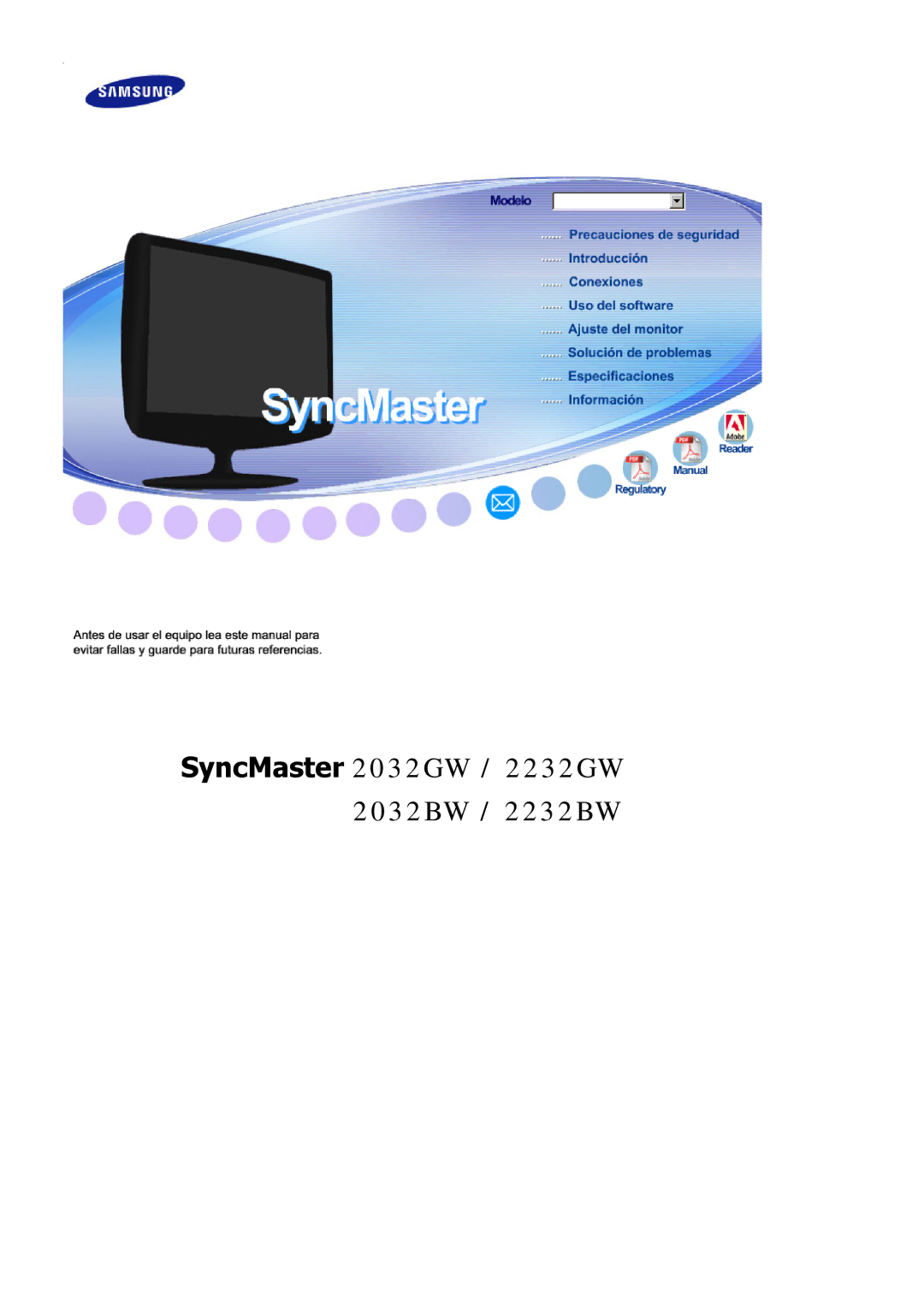 Samsung LS20PEBSFV/EDC, LS22PEBSFV/EDC manual SyncMaster 2032GW / 2232GW 2032BW / 2232BW 