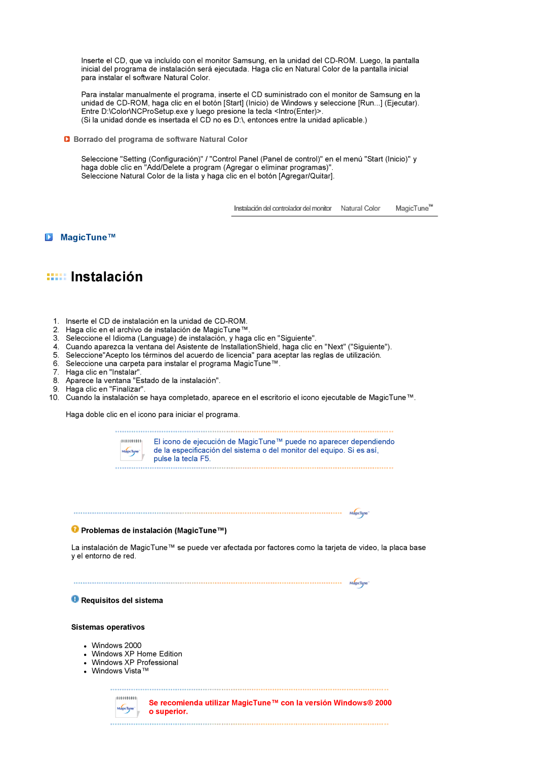 Samsung LS22PEBSFV/EDC, LS20PEBSFV/EDC manual MagicTune, Borrado del programa de software Natural Color 