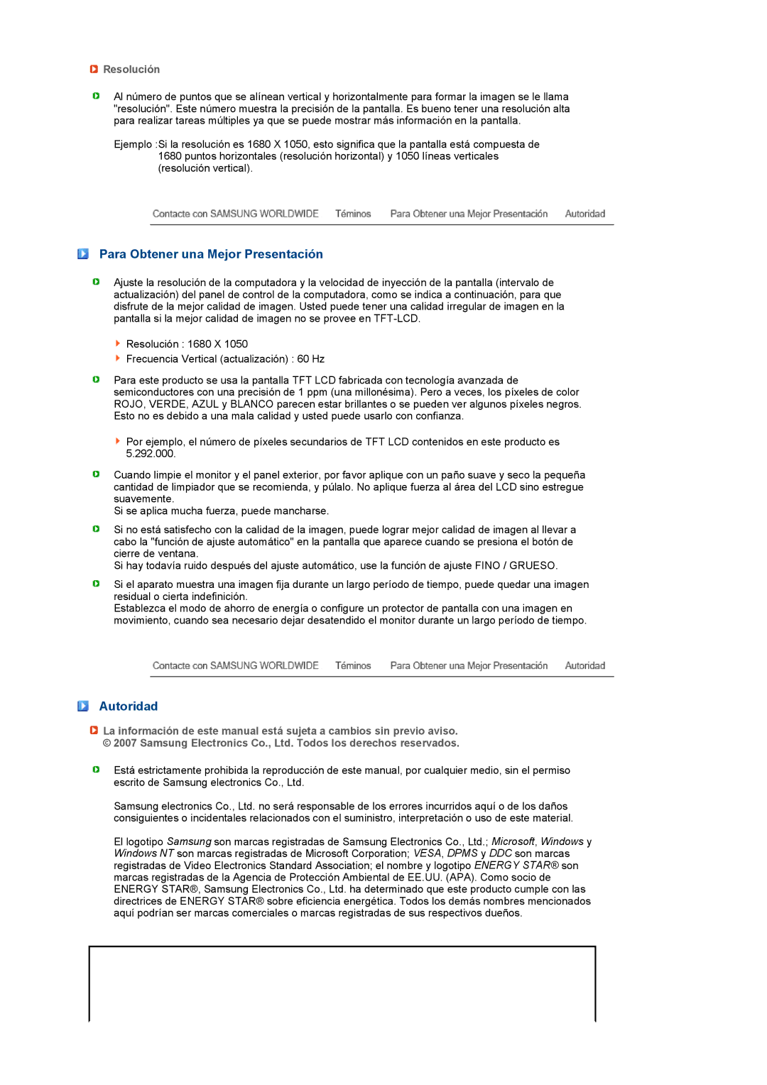 Samsung LS22PEBSFV/EDC, LS20PEBSFV/EDC manual Para Obtener una Mejor Presentación, Autoridad, Resolución 