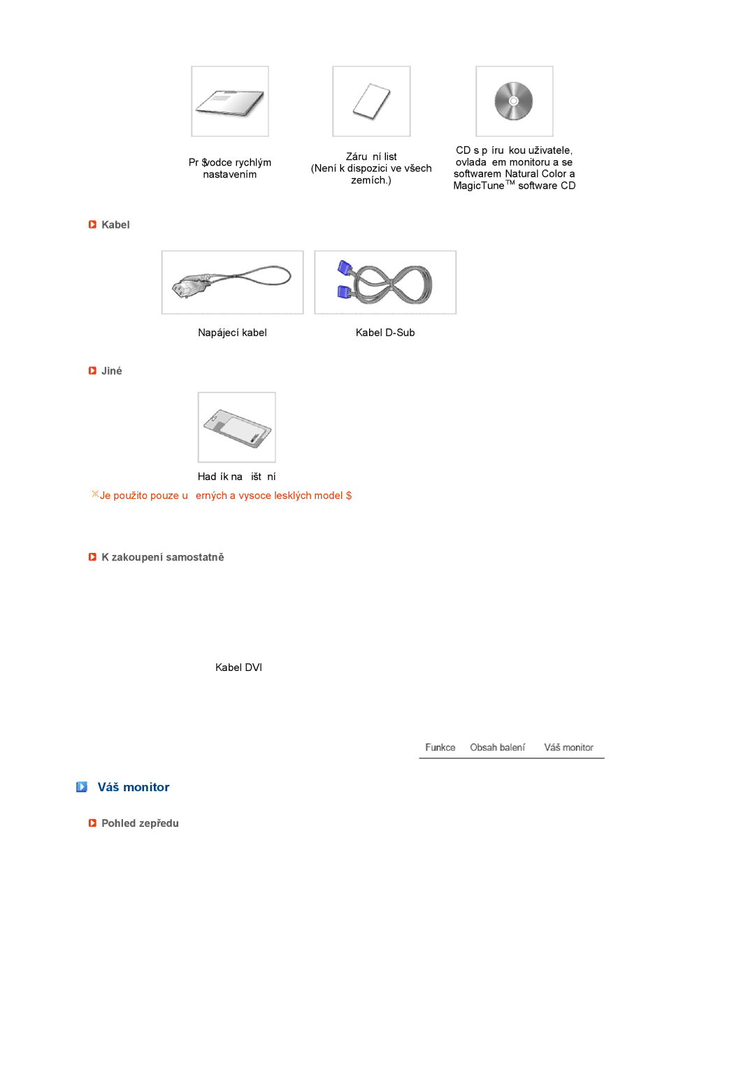 Samsung LS20PEBSFV/EDC, LS22PEBSFV/EDC manual Váš monitor, Kabel, Jiné, Zakoupení samostatně, Pohled zepředu 