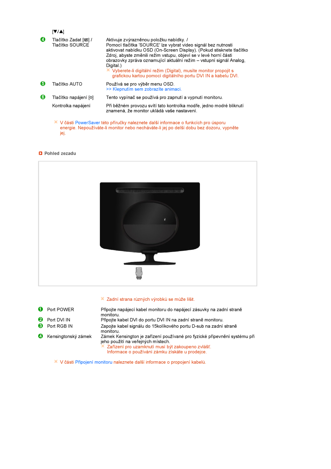 Samsung LS20PEBSFV/EDC, LS22PEBSFV/EDC manual Pohled zezadu, Zadní strana různých výrobků se může lišit 