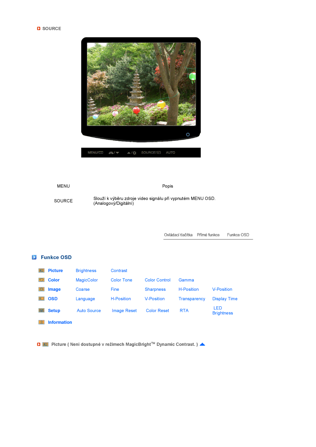 Samsung LS22PEBSFV/EDC, LS20PEBSFV/EDC manual Funkce OSD, Source 