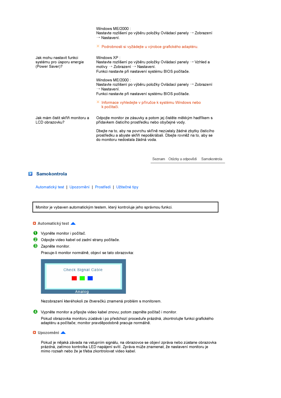 Samsung LS20PEBSFV/EDC, LS22PEBSFV/EDC manual Samokontrola, Automatický test, Upozornění 