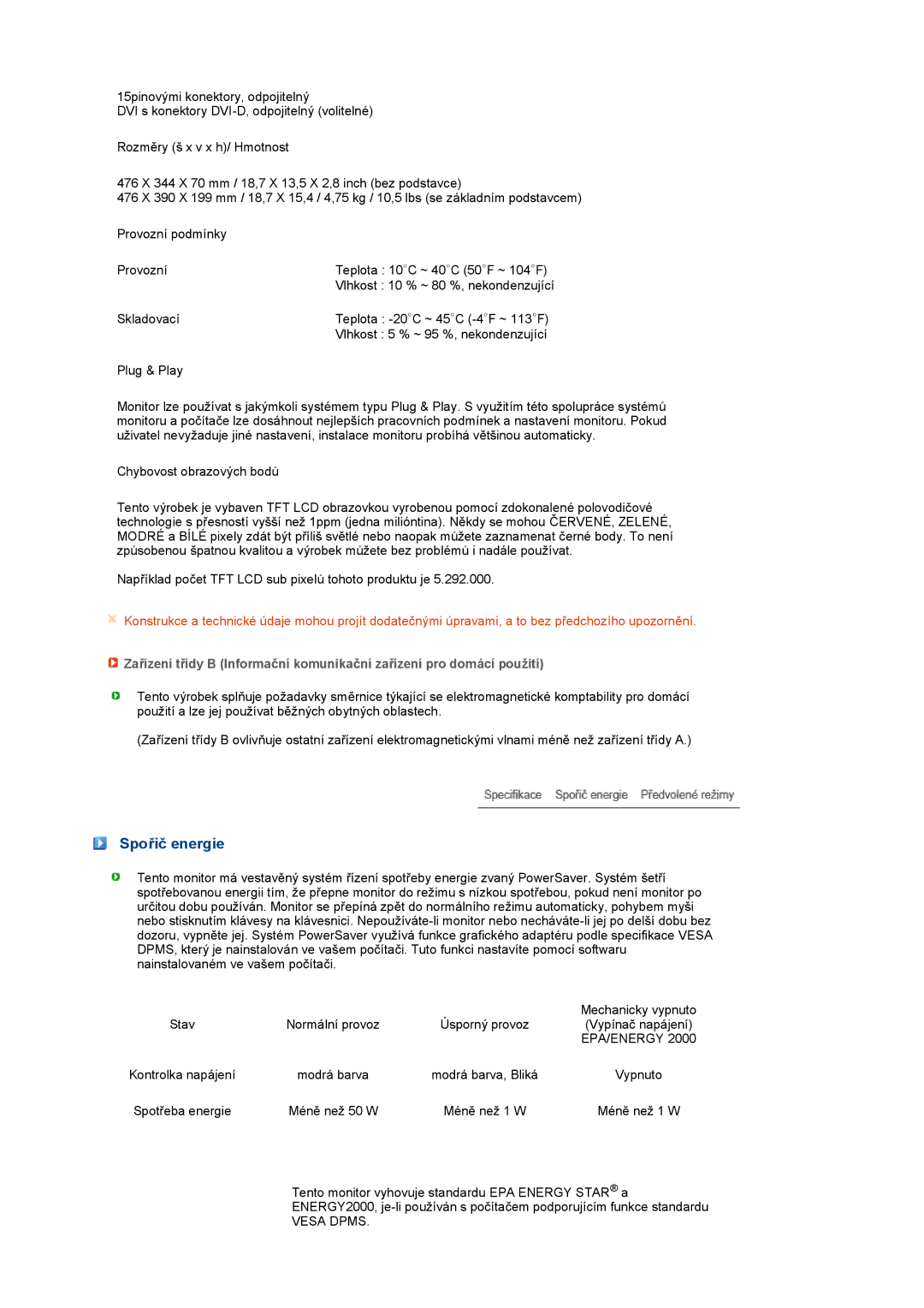 Samsung LS22PEBSFV/EDC, LS20PEBSFV/EDC manual Spořič energie, Epa/Energy 