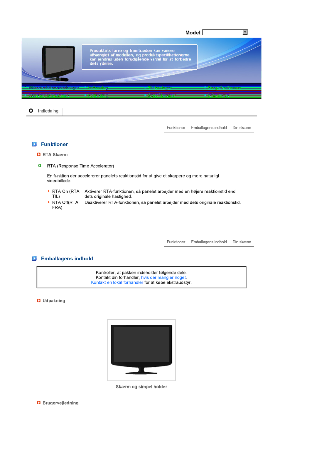 Samsung LS22PEBSFV/EDC manual Funktioner, Emballagens indhold, RTA Skærm, Udpakning Skærm og simpel holder Brugervejledning 