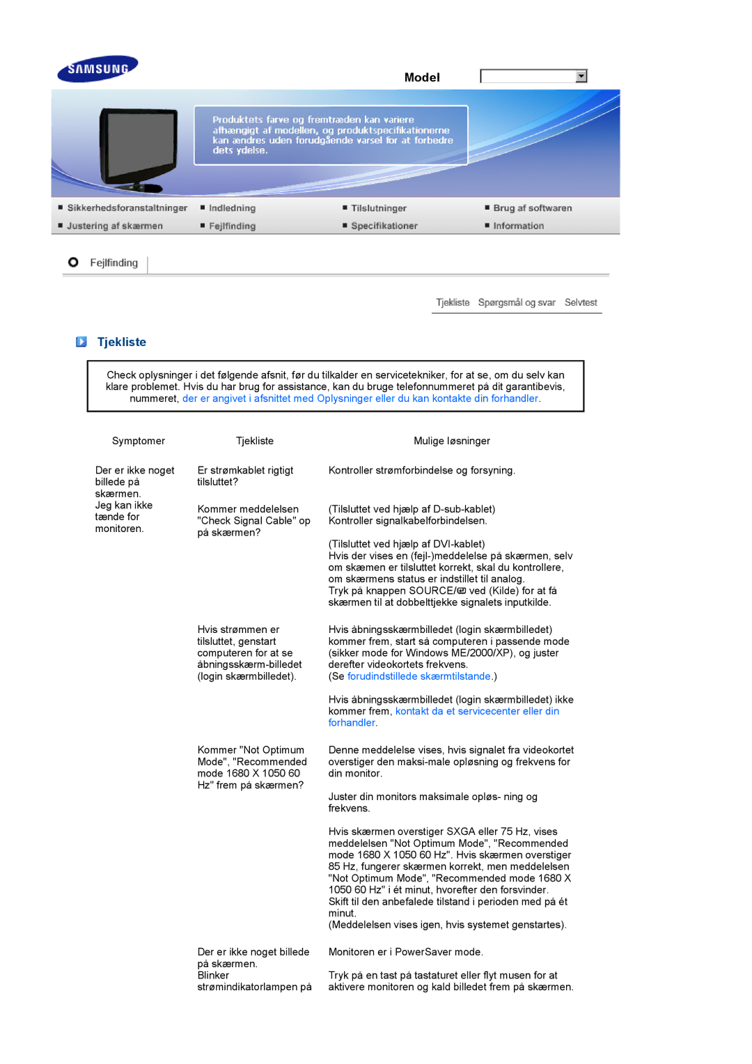 Samsung LS22PEBSFV/EDC, LS20PEBSFV/EDC manual Tjekliste, Forhandler 