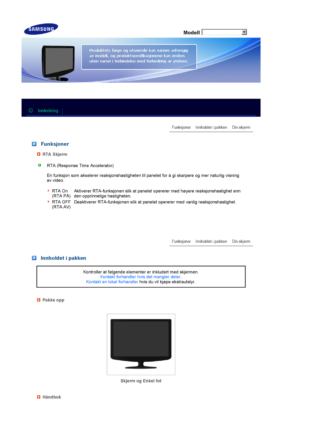 Samsung LS22PEBSFV/EDC, LS20PEBSFV/EDC Funksjoner, Innholdet i pakken, RTA Skjerm, Pakke opp Skjerm og Enkel fot Håndbok 