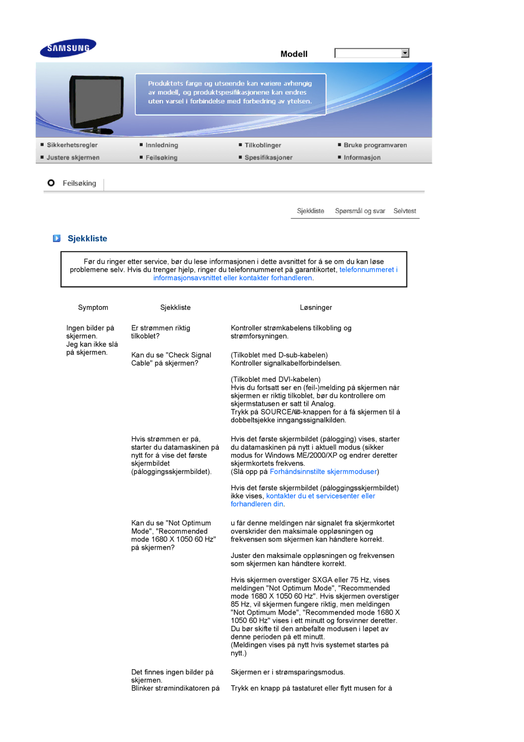 Samsung LS20PEBSFV/EDC, LS22PEBSFV/EDC manual Sjekkliste, Informasjonsavsnittet eller kontakter forhandleren 