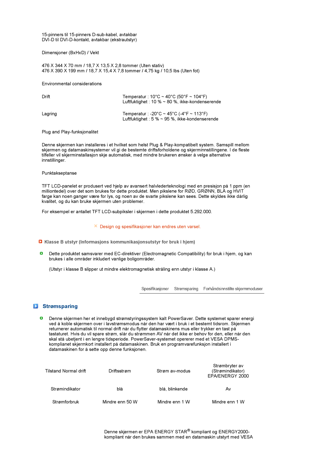 Samsung LS20PEBSFV/EDC, LS22PEBSFV/EDC manual Strømsparing, Epa/Energy 