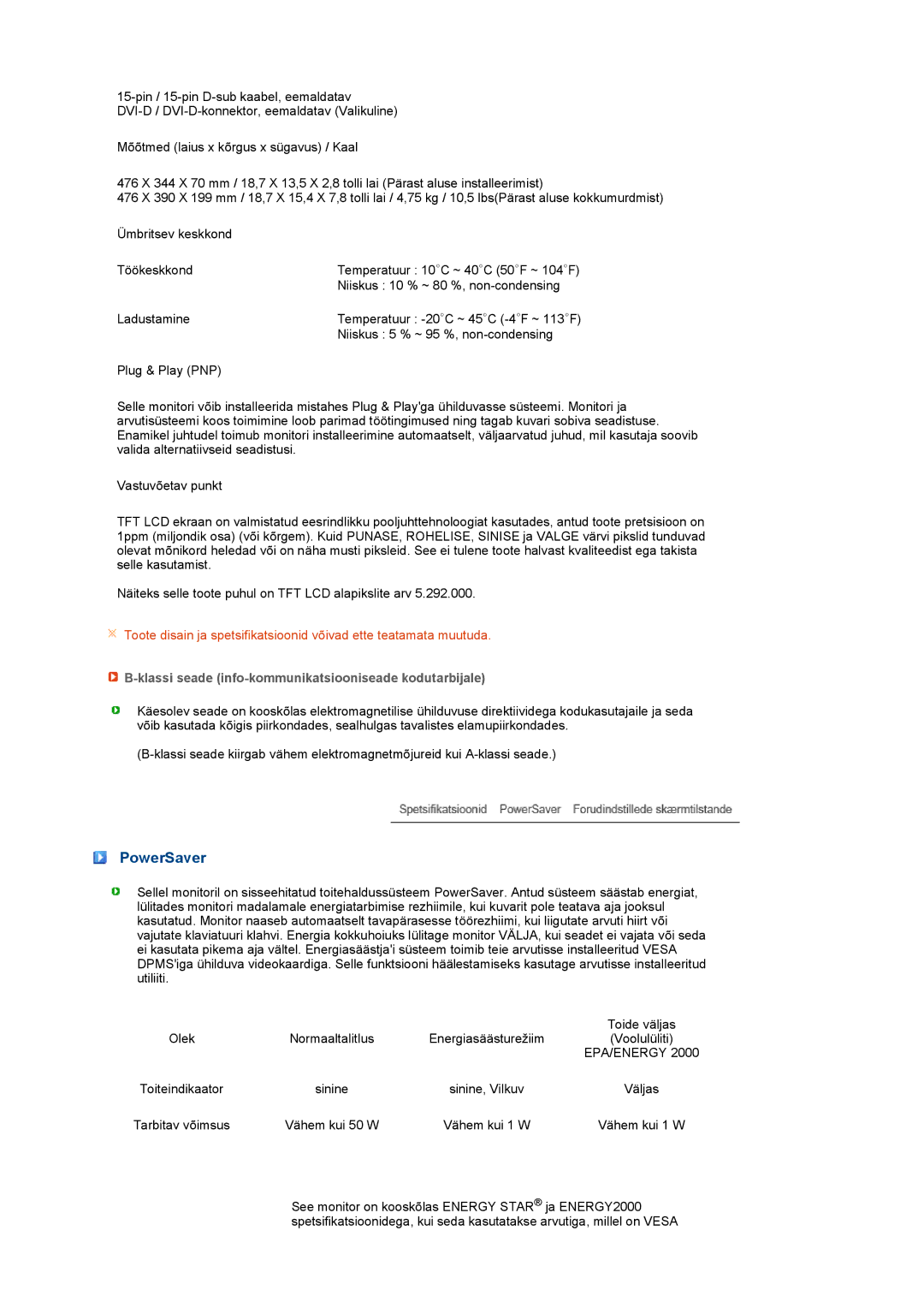 Samsung LS22PEBSFV/EDC, LS20PEBSFV/EDC manual PowerSaver, Klassi seade info-kommunikatsiooniseade kodutarbijale 