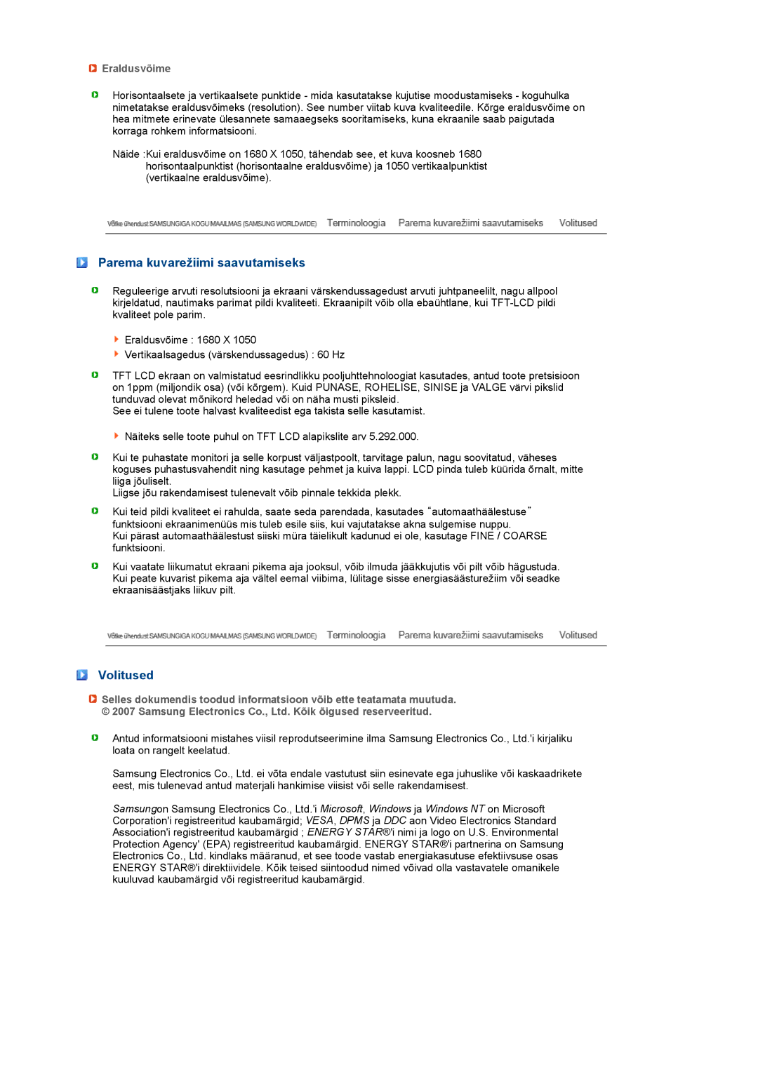 Samsung LS22PEBSFV/EDC, LS20PEBSFV/EDC manual Parema kuvarežiimi saavutamiseks, Volitused, Eraldusvõime 