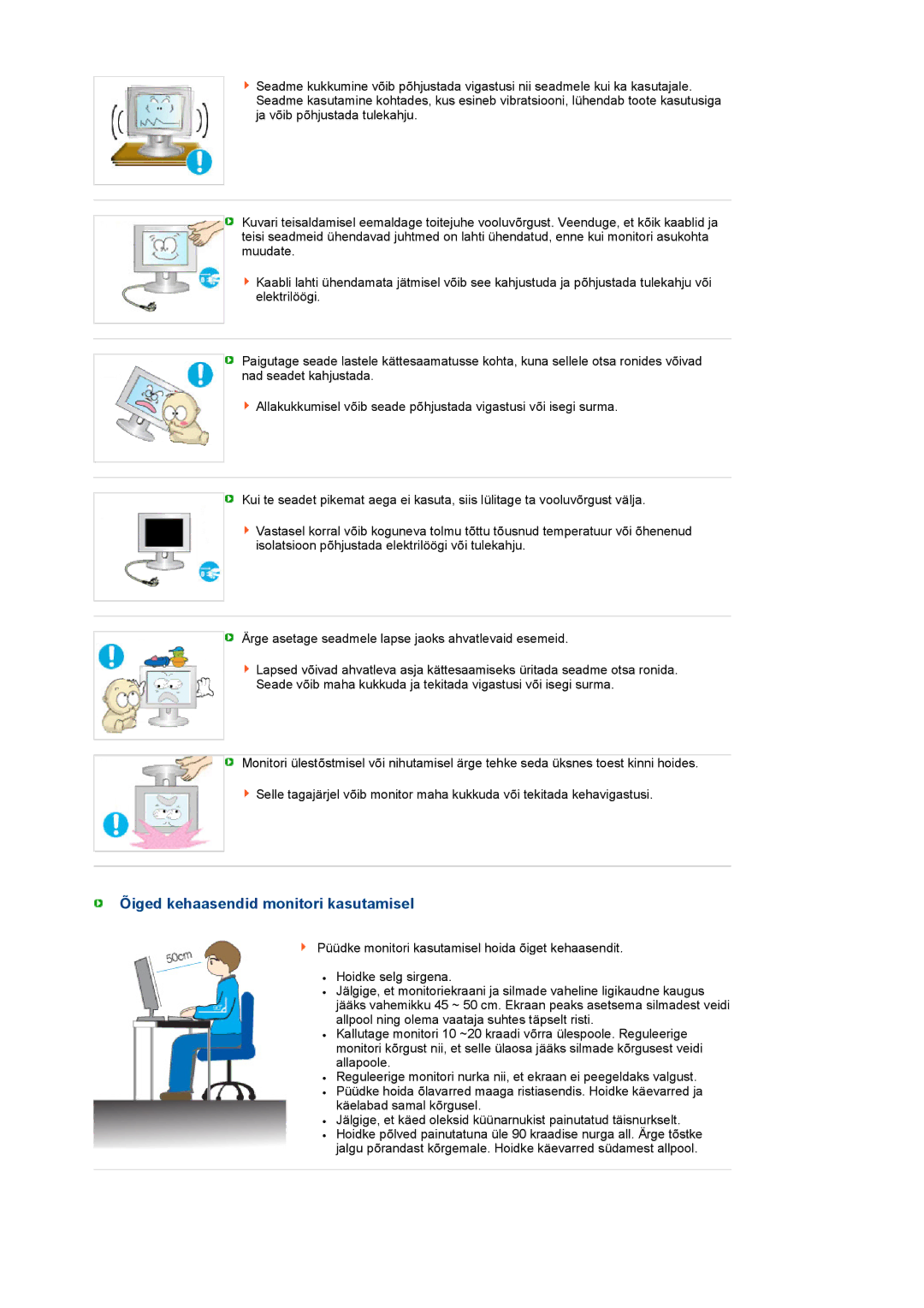 Samsung LS20PEBSFV/EDC, LS22PEBSFV/EDC manual Õiged kehaasendid monitori kasutamisel 