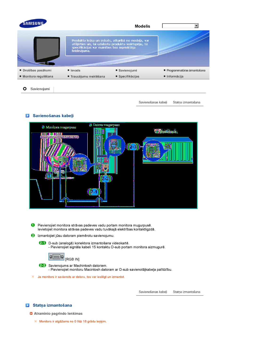 Samsung LS20PEBSFV/EDC, LS22PEBSFV/EDC manual Savienošanas kabeļi, Statņa izmantošana, Atraminio pagrindo lenkimas 