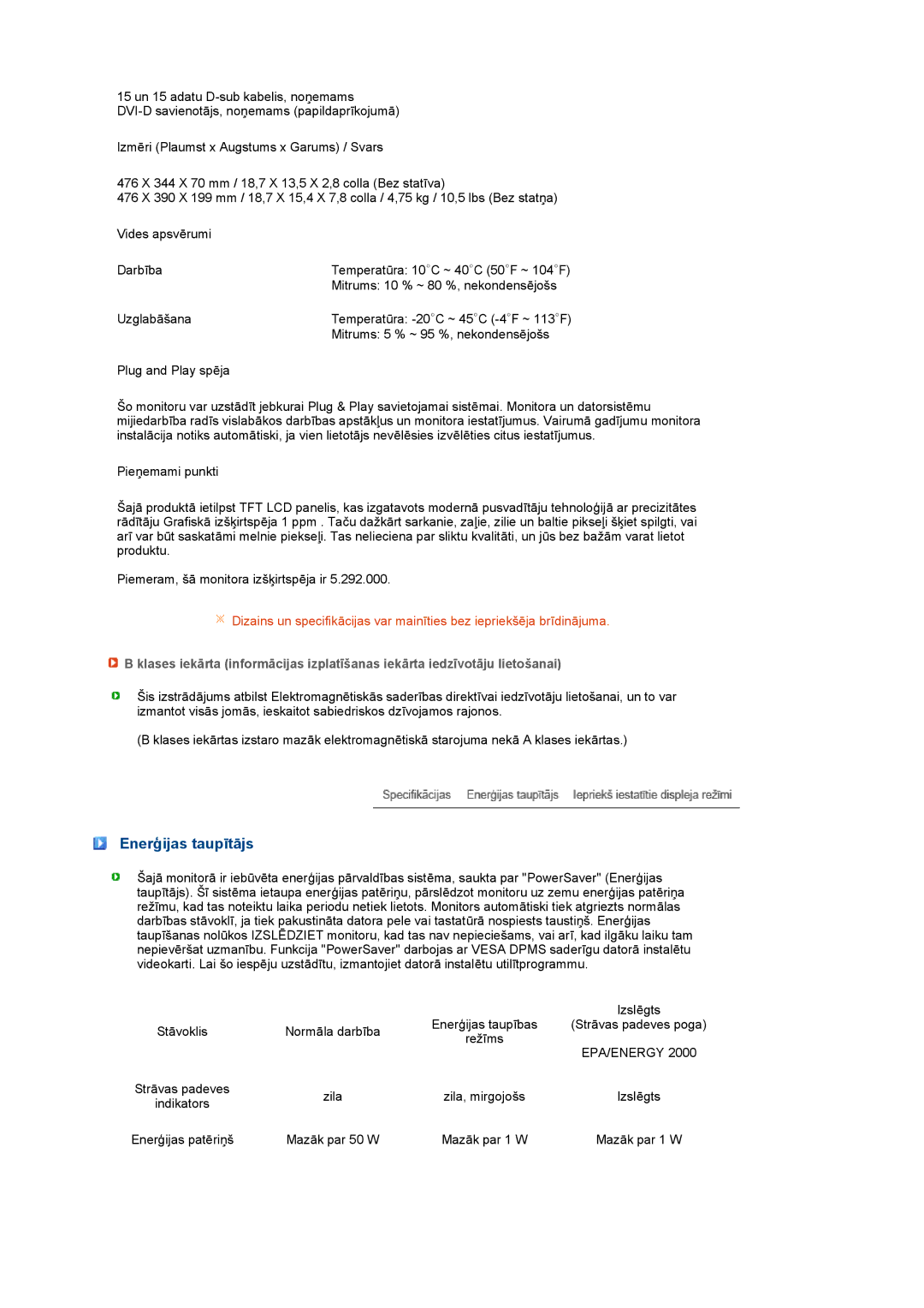 Samsung LS20PEBSFV/EDC, LS22PEBSFV/EDC manual Enerģijas taupītājs, Epa/Energy 