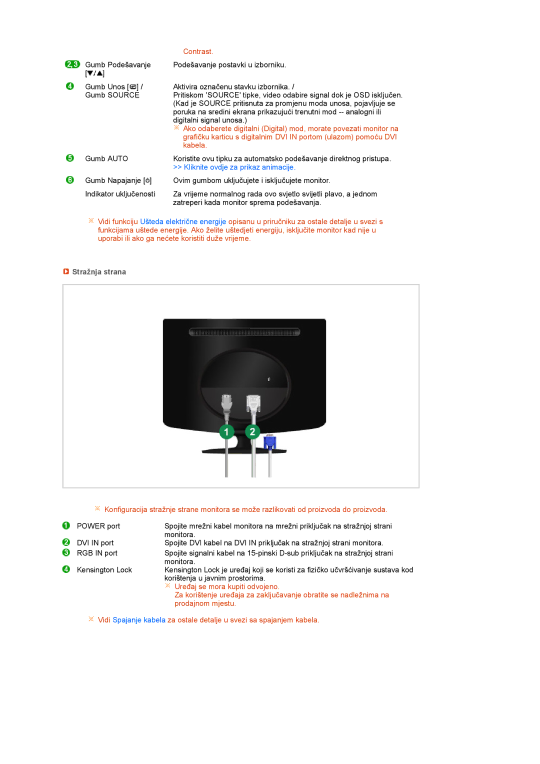 Samsung LS20PEBSFV/EDC, LS22PEBSFV/EDC manual Contrast, Stražnja strana 