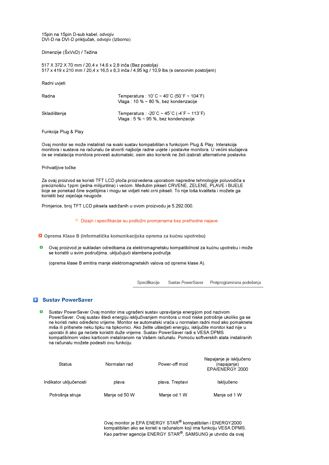 Samsung LS22PEBSFV/EDC, LS20PEBSFV/EDC manual Sustav PowerSaver 