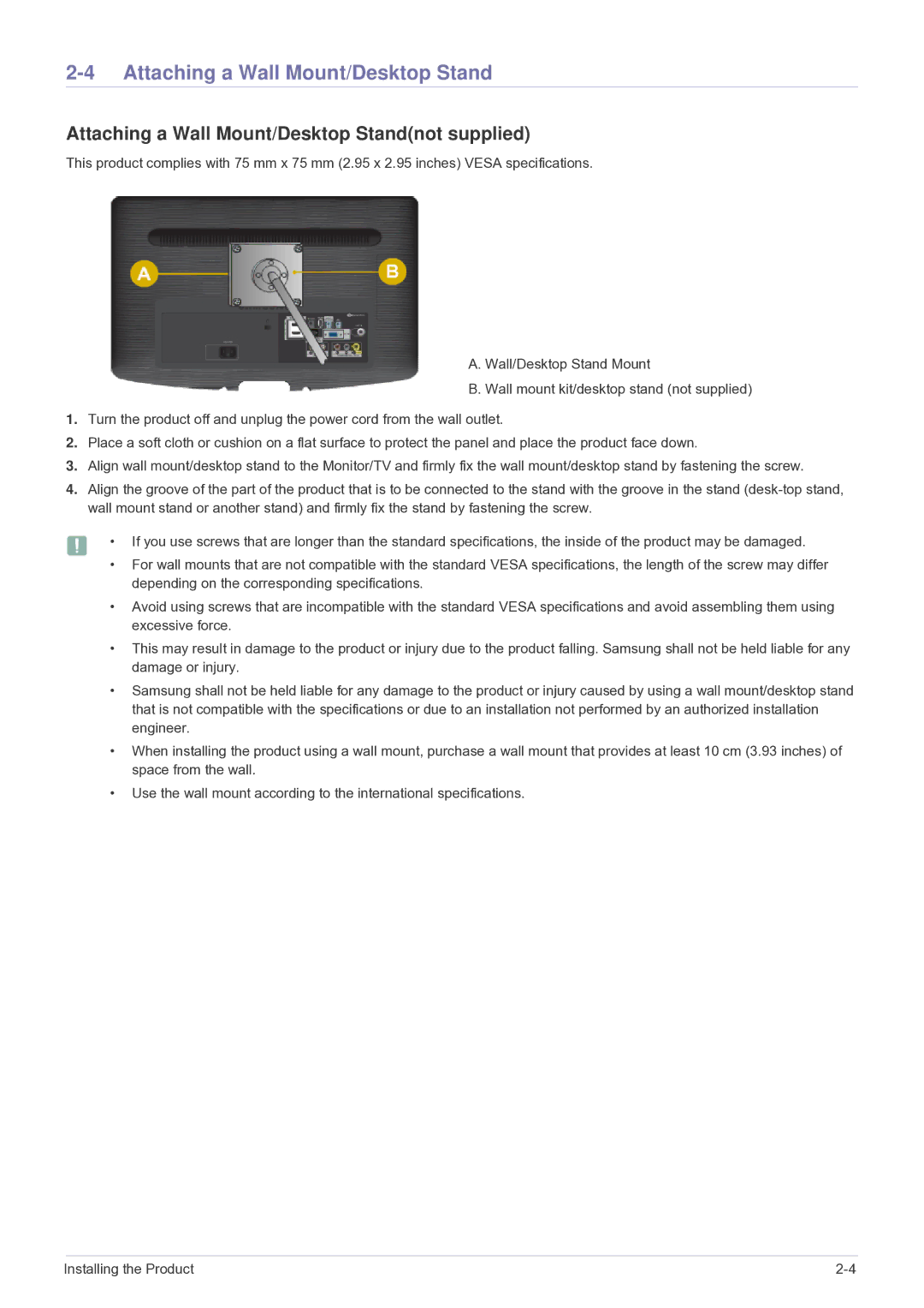 Samsung LS22PTESF/CH manual Attaching a Wall Mount/Desktop Standnot supplied 