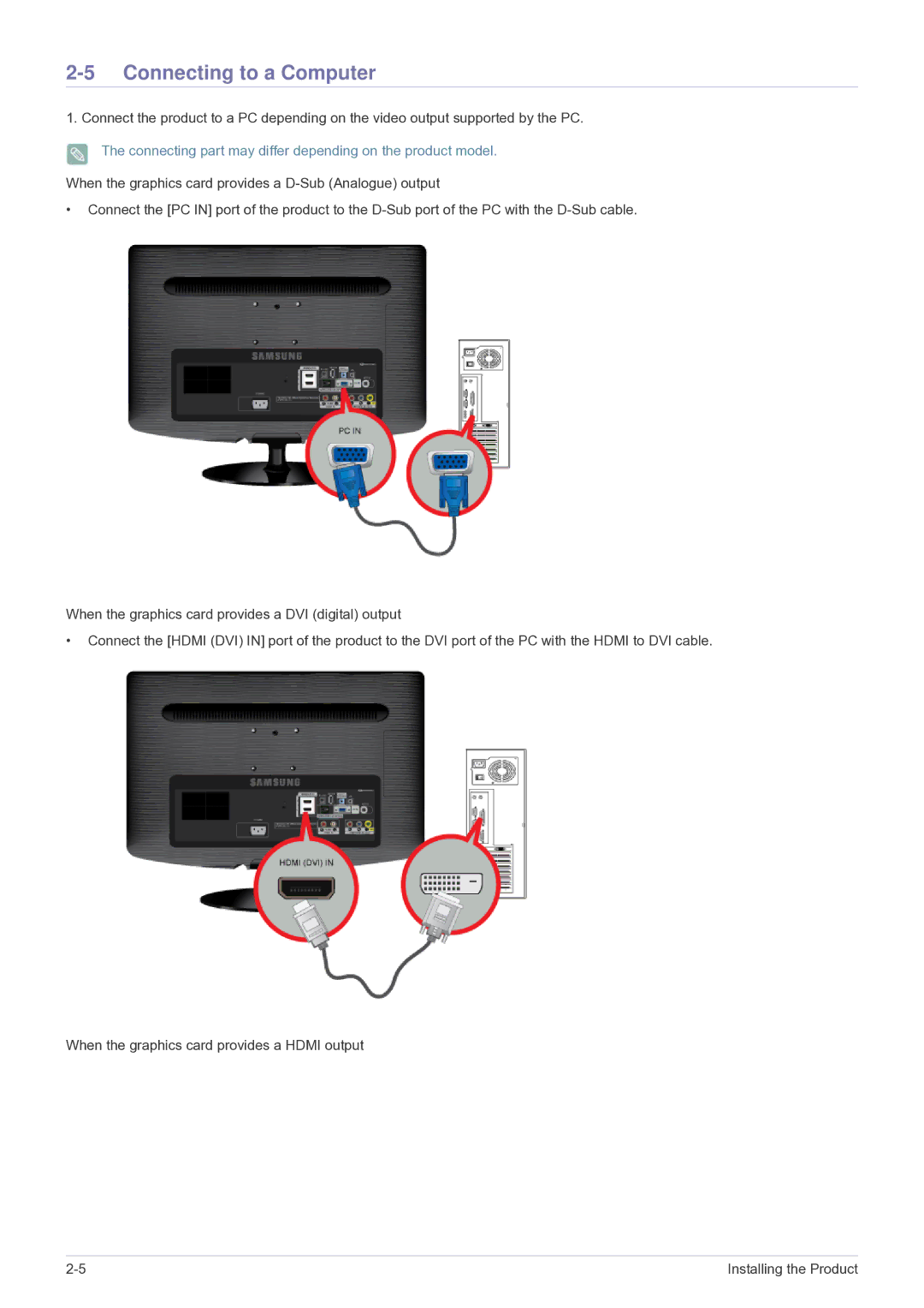 Samsung LS22PTESF/CH manual Connecting to a Computer, Connecting part may differ depending on the product model 