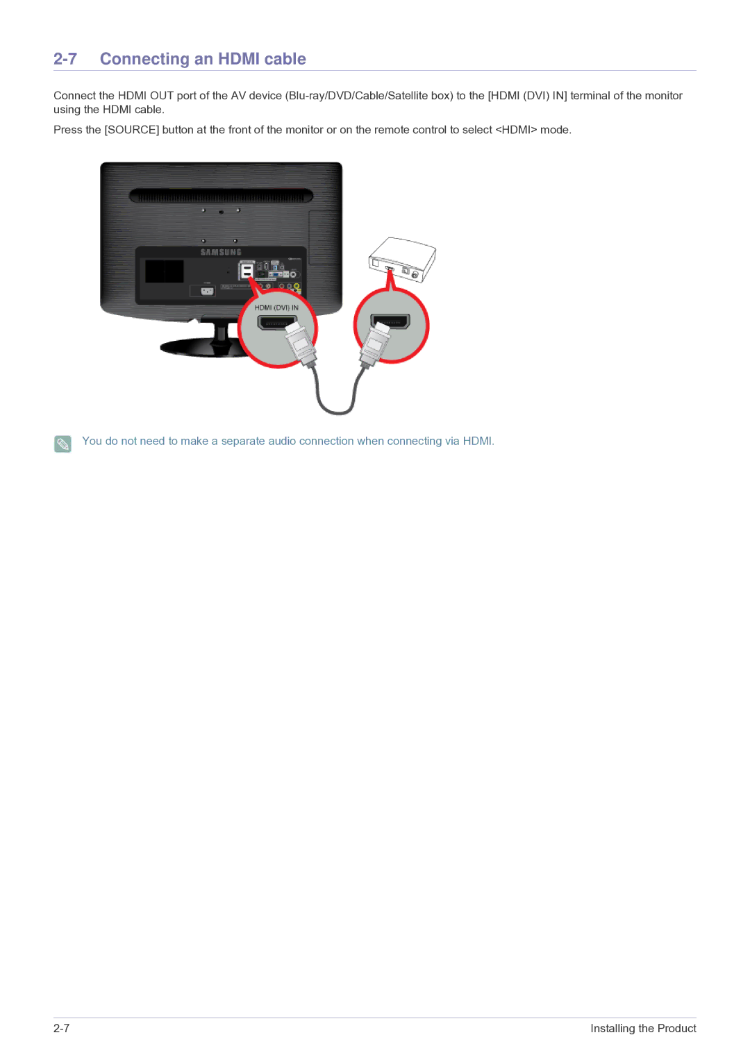 Samsung LS22PTESF/CH manual Connecting an Hdmi cable 