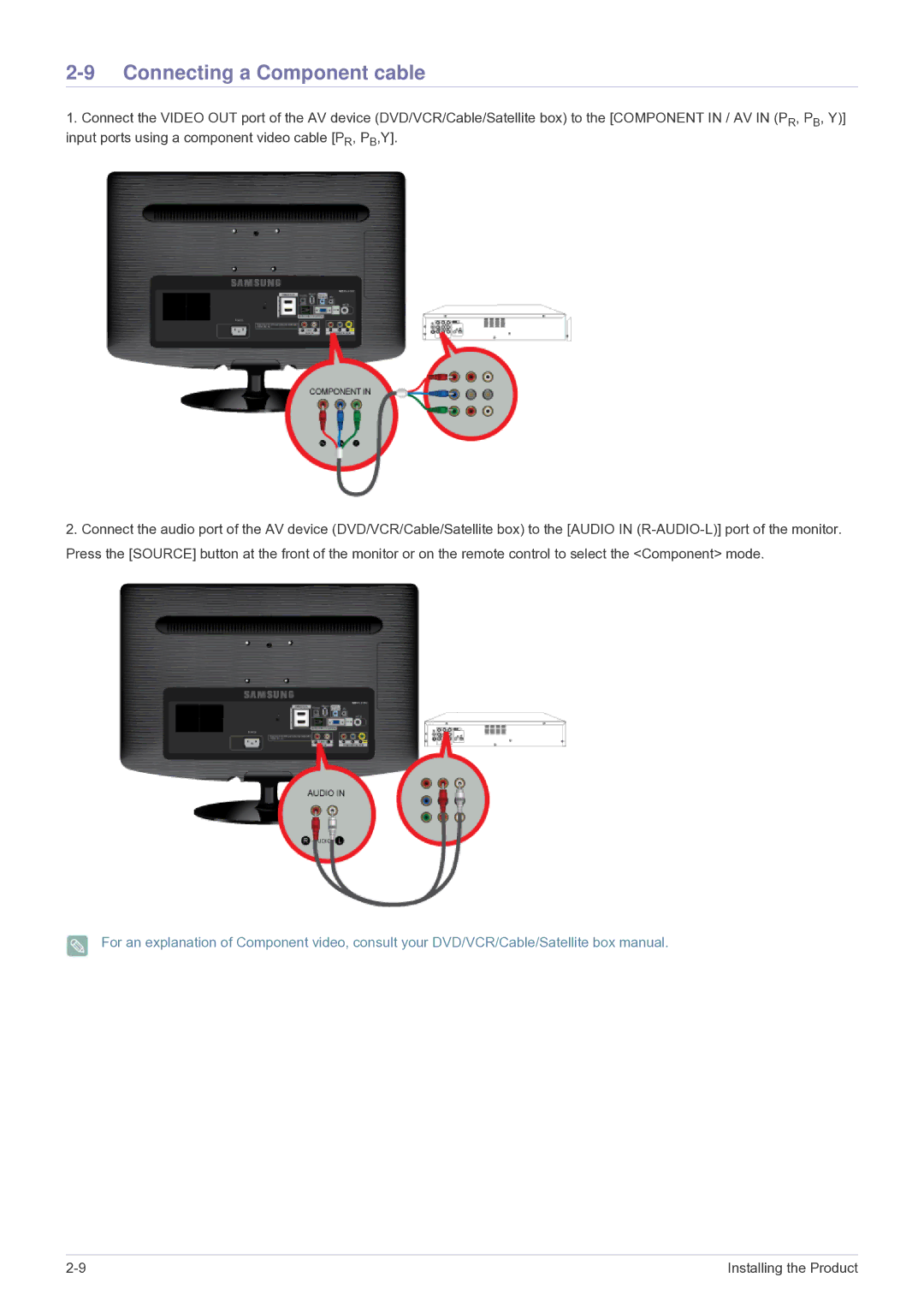 Samsung LS22PTESF/CH manual Connecting a Component cable 