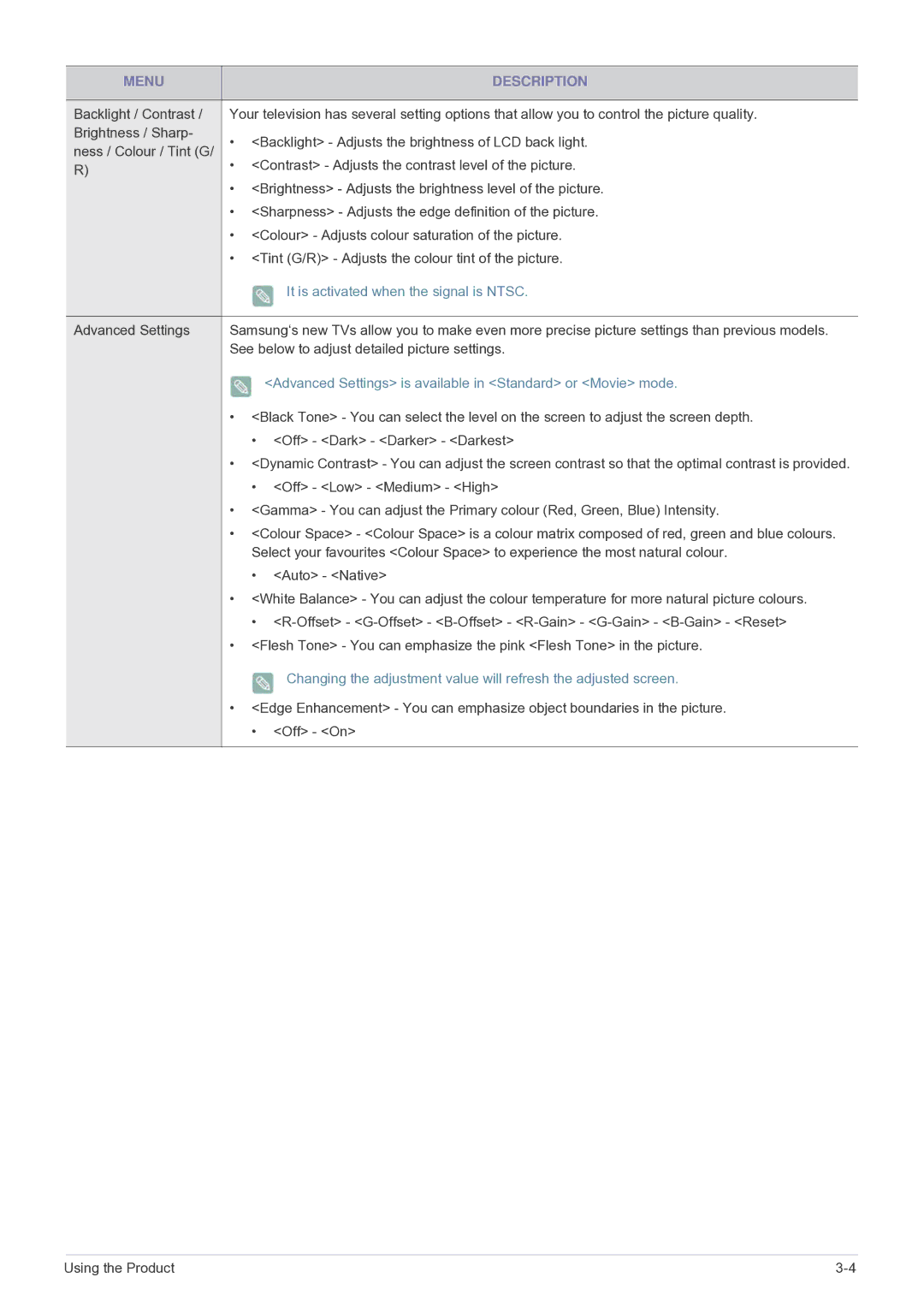 Samsung LS22PTESF/CH It is activated when the signal is Ntsc, Advanced Settings is available in Standard or Movie mode 