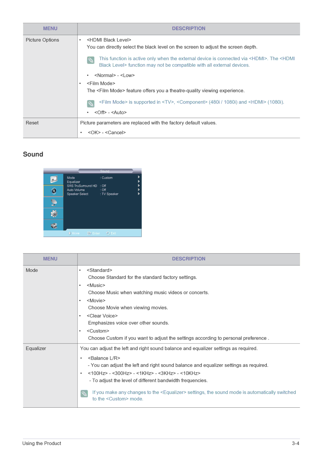 Samsung LS22PTESF/CH manual Sound, To the Custom mode 