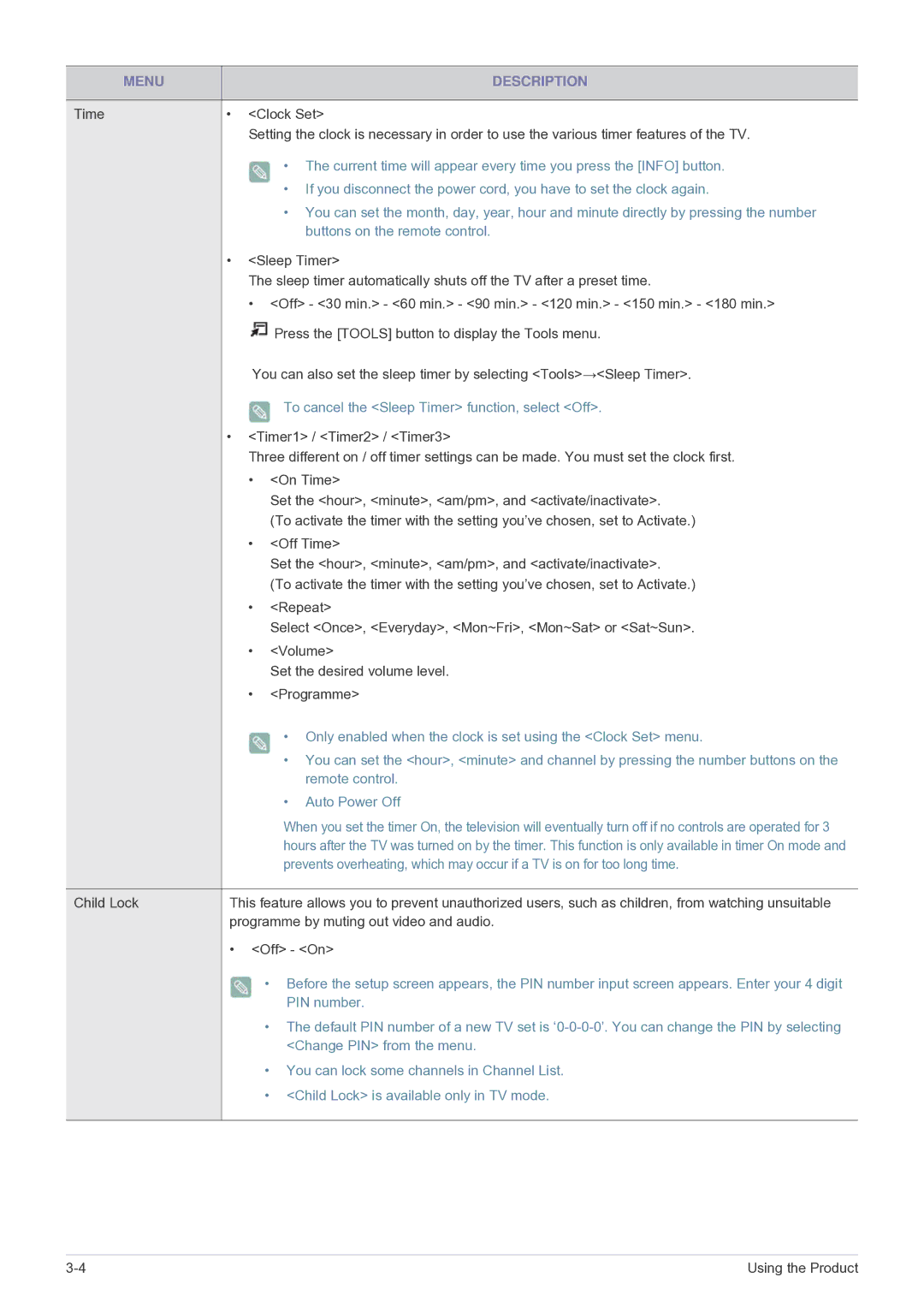 Samsung LS22PTESF/CH manual To cancel the Sleep Timer function, select Off, PIN number, Change PIN from the menu 