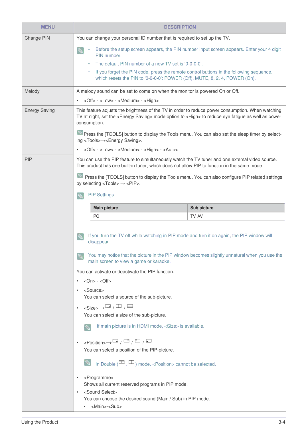 Samsung LS22PTESF/CH manual PIP Settings, If main picture is in Hdmi mode, Size is available 