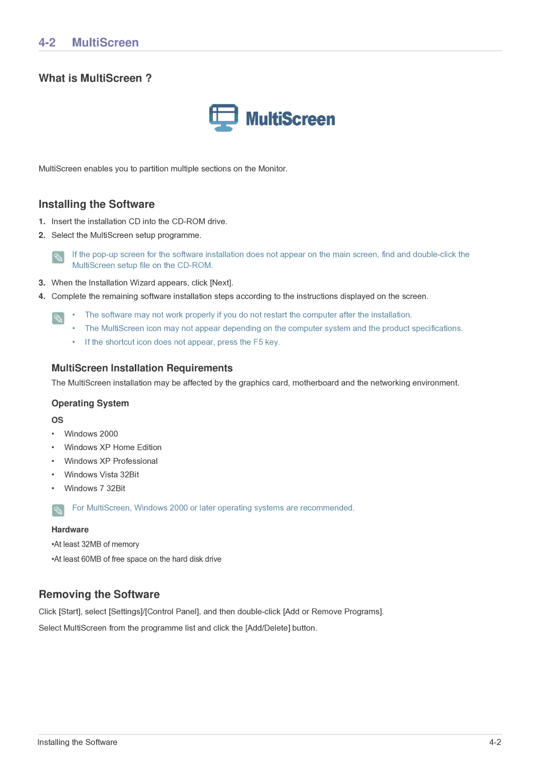 Samsung LS22PTESF/CH manual What is MultiScreen ?, Installing the Software, Removing the Software 