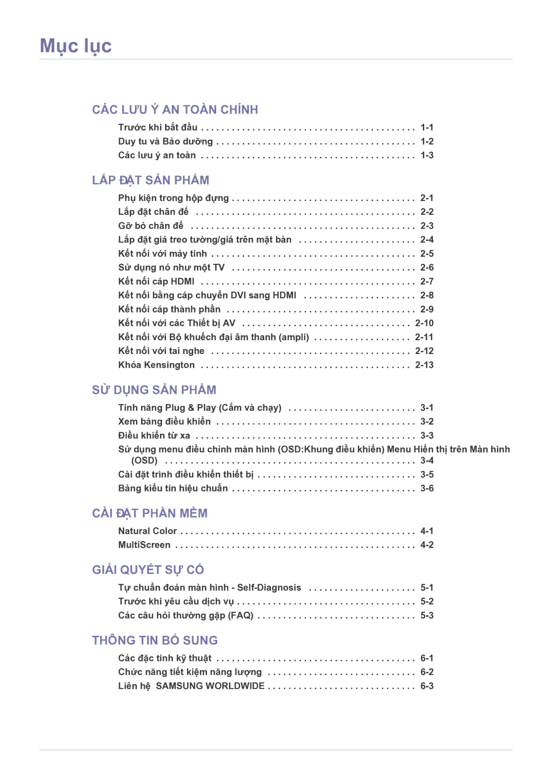 Samsung LS22PTESF/XV manual Mục lục, LẮP ĐẶT SẢN Phẩm 