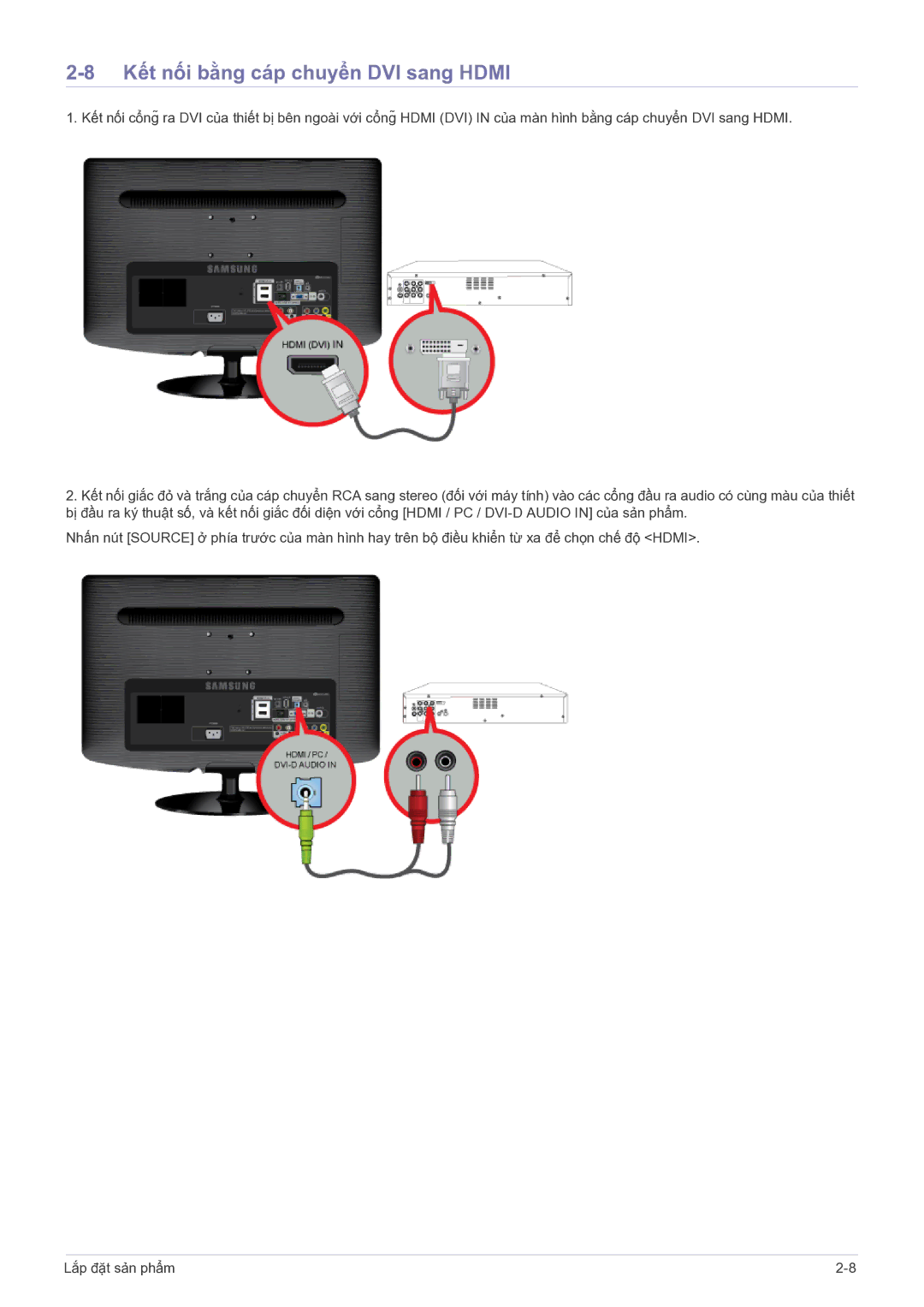 Samsung LS22PTESF/XV manual Kết nối bằng cáp chuyển DVI sang Hdmi 