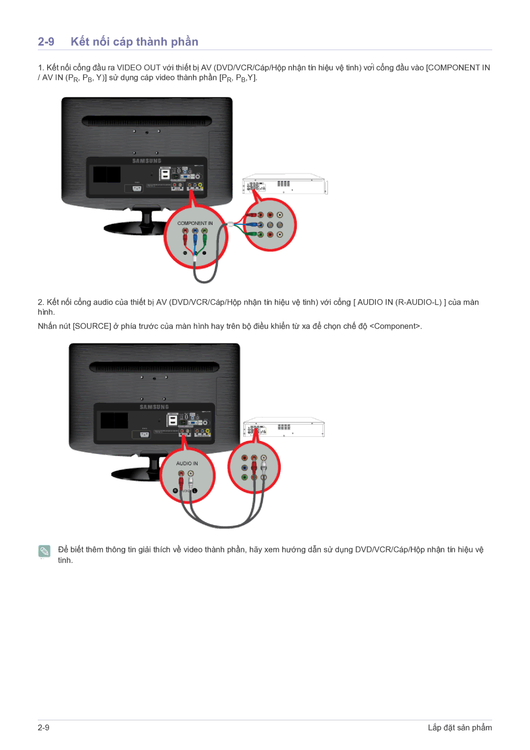 Samsung LS22PTESF/XV manual Kết nối cáp thành phần 