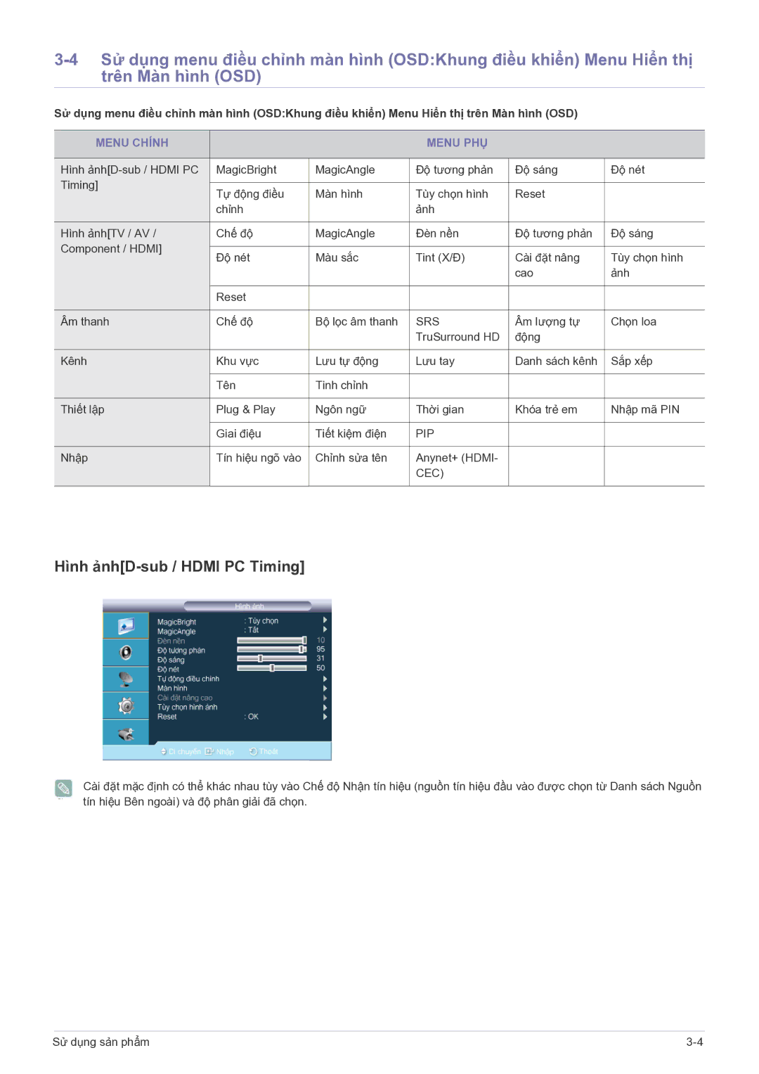 Samsung LS22PTESF/XV manual Hình ảnhD-sub / Hdmi PC Timing, Menu Chính Menu PHỤ 